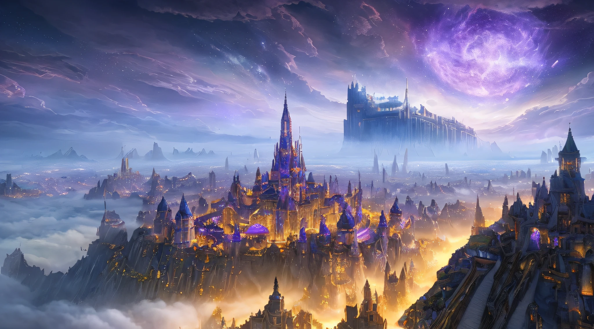 ((master piece)), best quality, (8k, best quality, masterpiece:1.2), ultra-detailed, illustration, big fantasy city, Science fiction, ethereal city, Floating city, many planets in the skies, clouds around, celestial architecture, purple energy scarring around, Giant castle in the center, astral skies