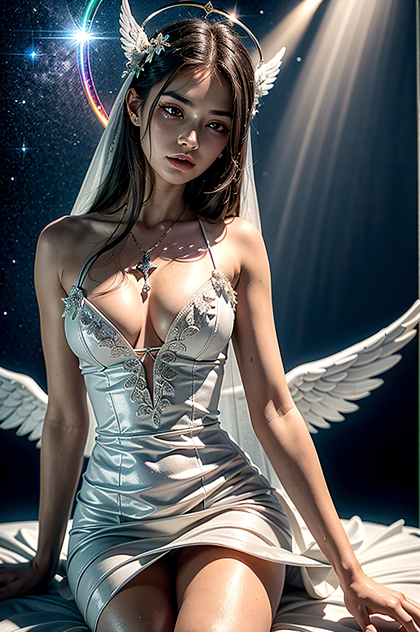 (Masterpiece), (Best Quality: 1.4),, [: Intricate Details: 0.2], Angel, Angel Wings, Smooth Perfect Skin, Perfect Curves, Milky Way, Sky, Shimmering Aura, Intense Focus, Crackling Energy, Mysterious Symbols, Sparkling Dust, White Lace Wedding Dress, Halo Above the Head