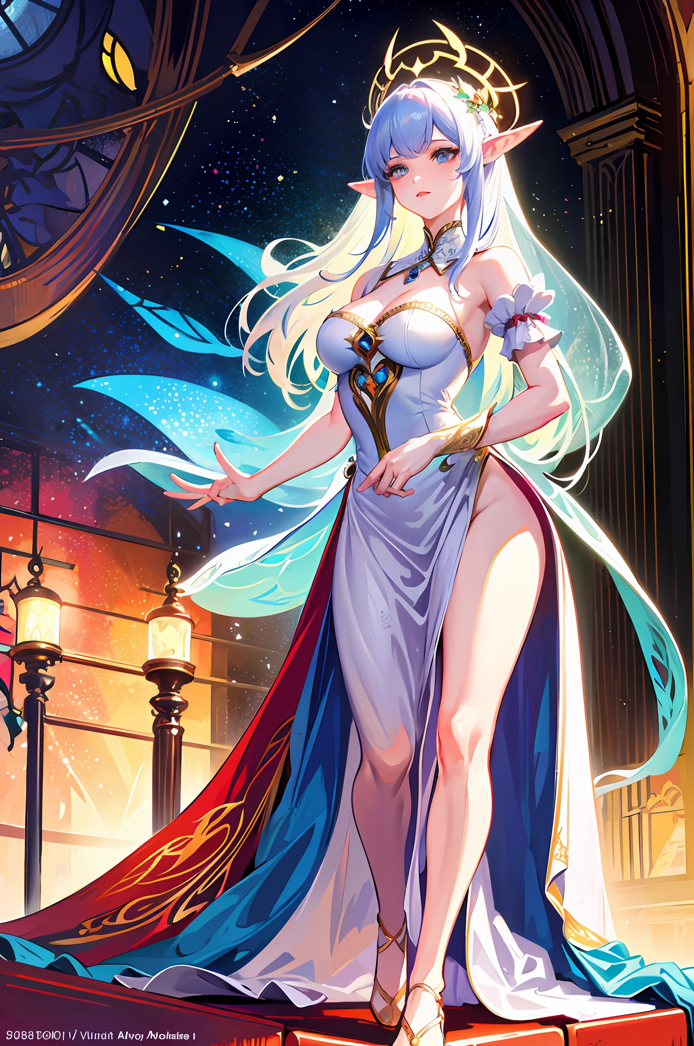 Masterpiece, top quality, best quality, official art, (beauty and aesthetics: 1.3), extreme detail, (fractal art), colorful, realistic style, official wallpaper, 1lady, elf long ears, wedding dress, church, stained glass windows