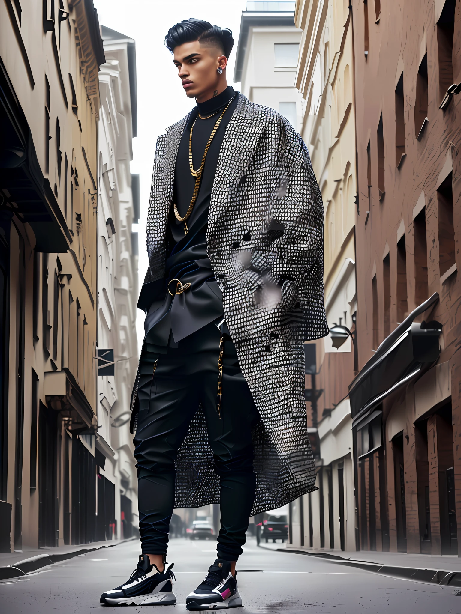 Generate an image of a stylish man with a modern twist. Incorporate elements of streetwear, such as oversized silhouettes, bold patterns, and statement accessories, to create a fashion-forward look, whole body from head to toe, low angel shot, low angle view, hyper realistic, highly detailed, photorealistic, 8k resolution