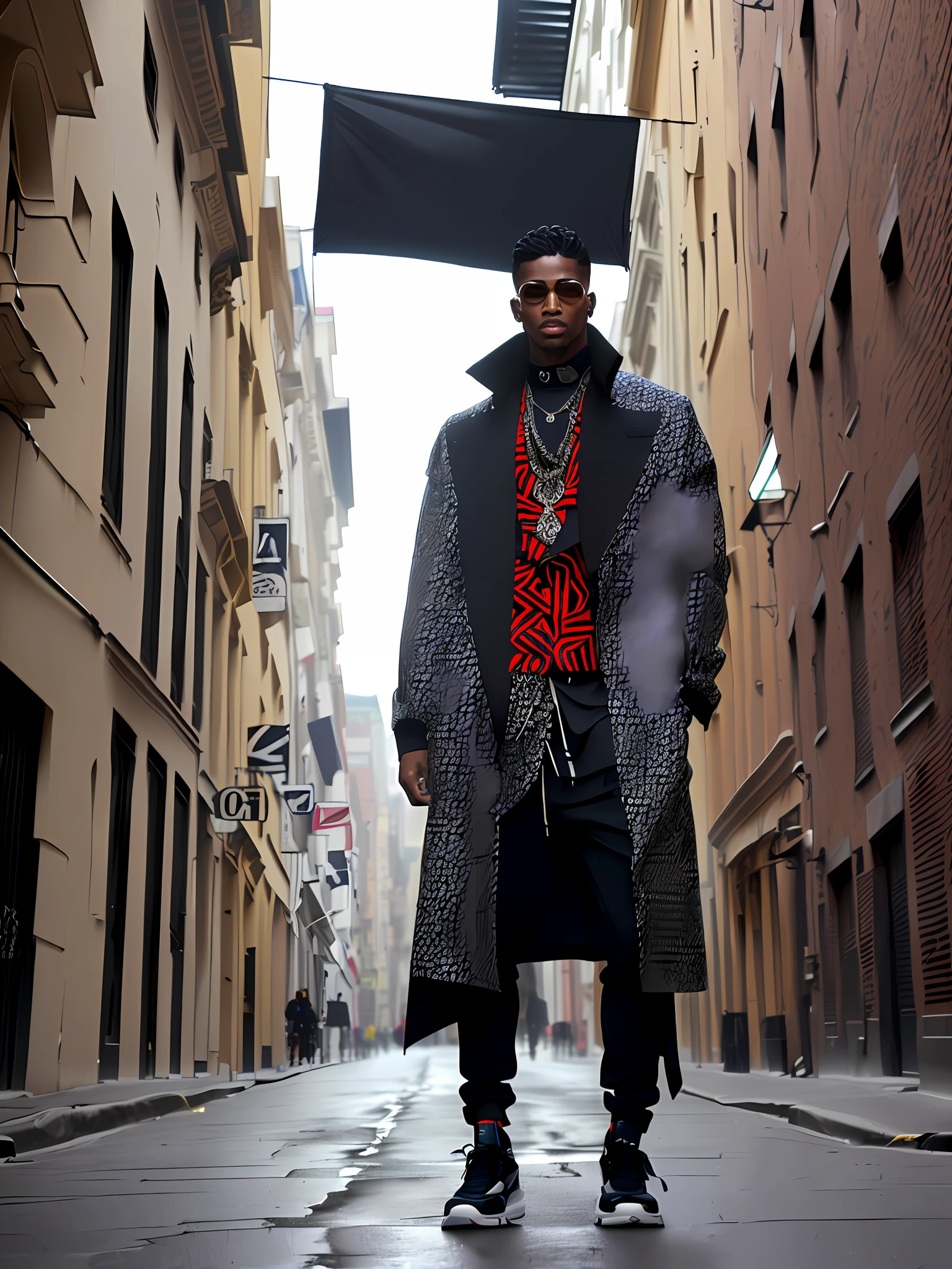 Generate an image of a stylish man with a modern twist. Incorporate elements of streetwear, such as oversized silhouettes, bold patterns, and statement accessories, to create a fashion-forward look, whole body from head to toe, low angel shot, low angle view, hyper realistic, highly detailed, photorealistic, 8k resolution