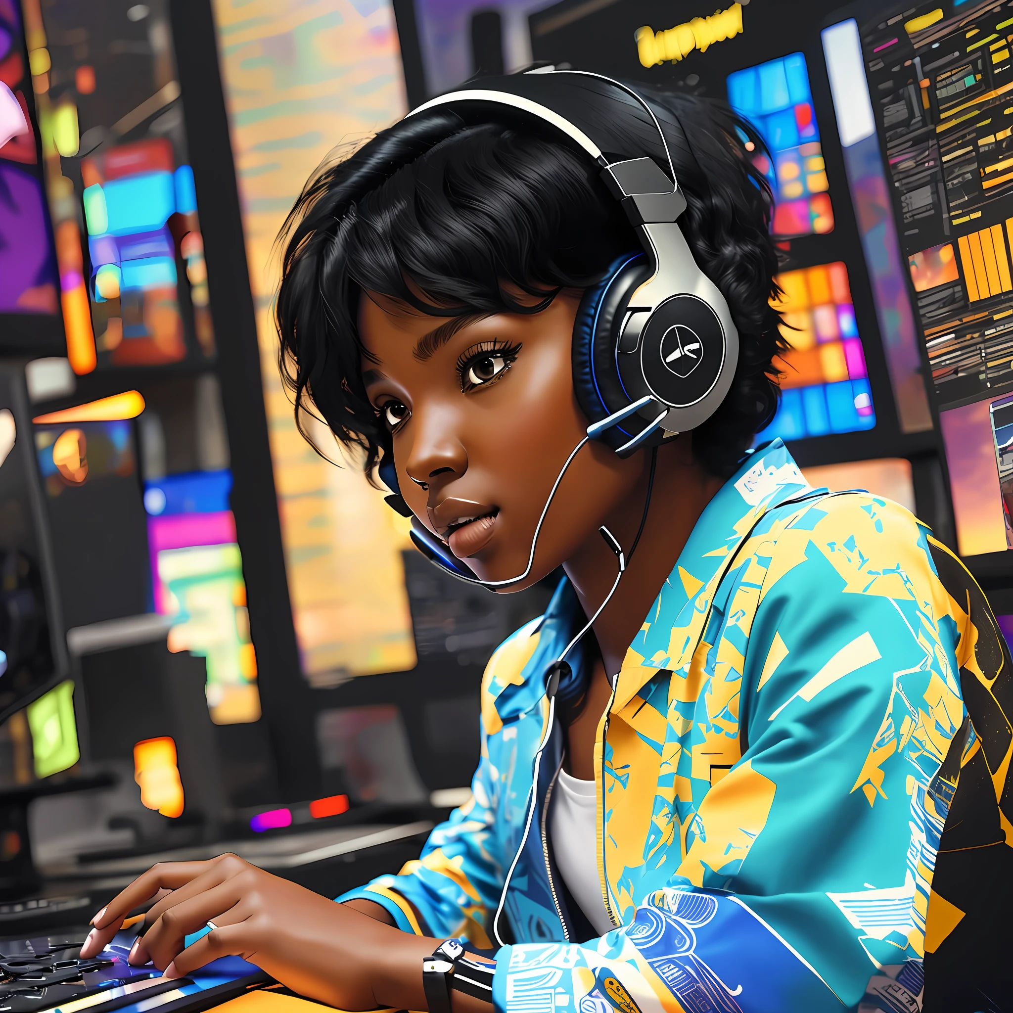 Short hair black character with a headset playing on the computer --auto --s2