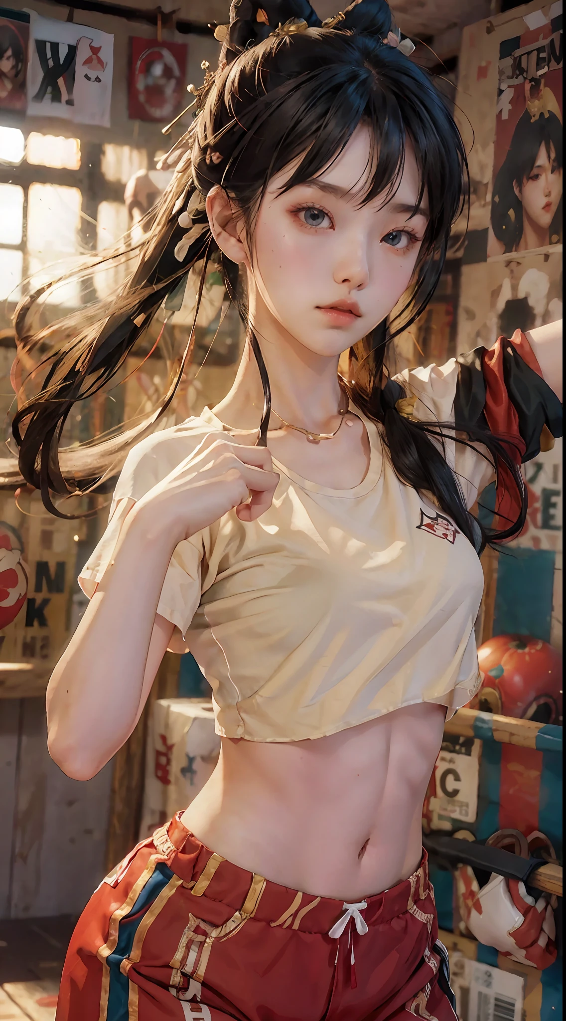 Masterpiece, top quality, (realistic, realistic: 1.4), (RAW photo: 1.2), very delicate CG Unity 8K wallpaper, very delicate beautiful, wonderful, boxing pose, oversized breasts (1.4), attention to detail, very fine, very delicate, beautiful eyes and face, beautiful delicate eyes, light on face, a girl, ponytail, bust, pe uniform short sleeve crop top t-shirt, boxing gloves, bare arms, bangs, boxing gym, boxing ring, ULZZANG-6500-v1.1