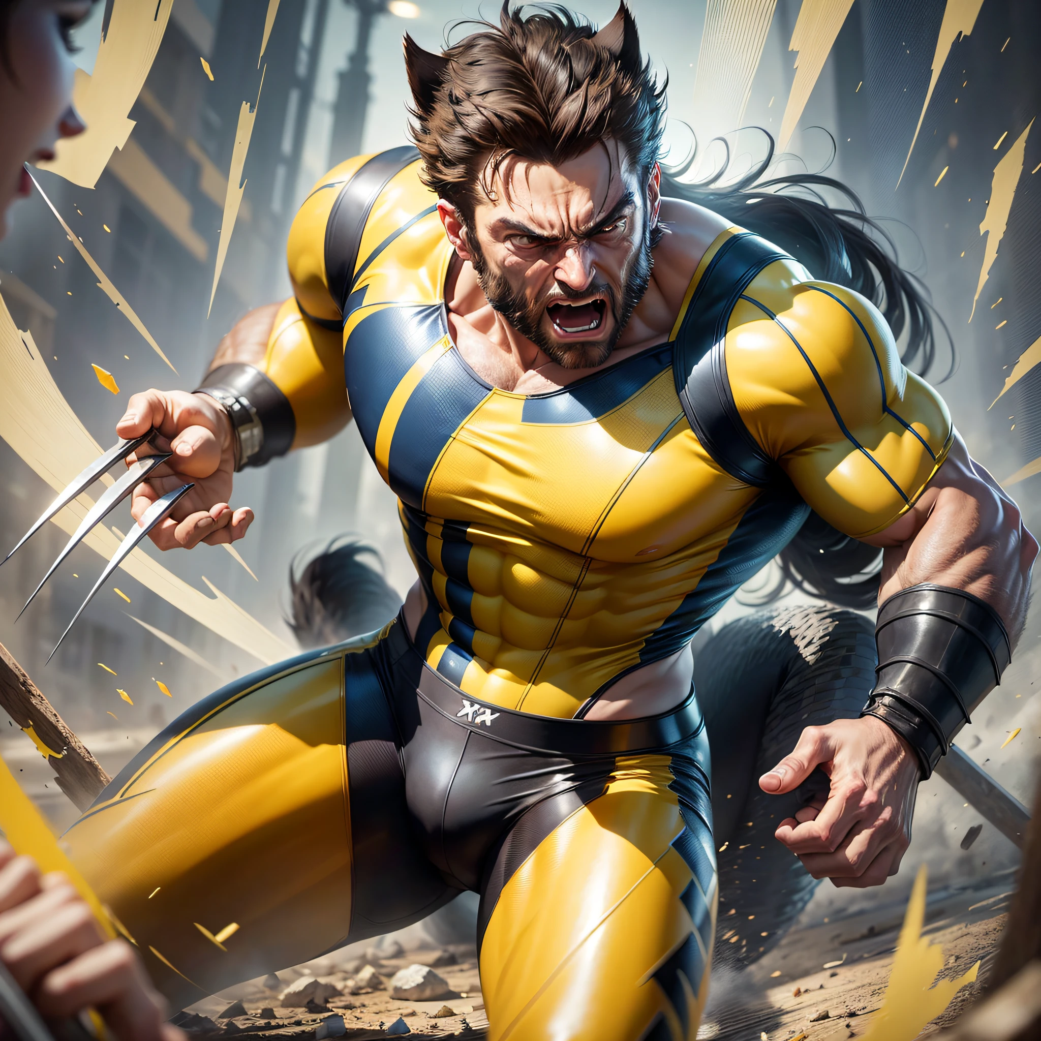 Best quality, masterpiece, ultra high res, (photorealistic: 1.4), wolverine yellow clothing attacking --auto --s2