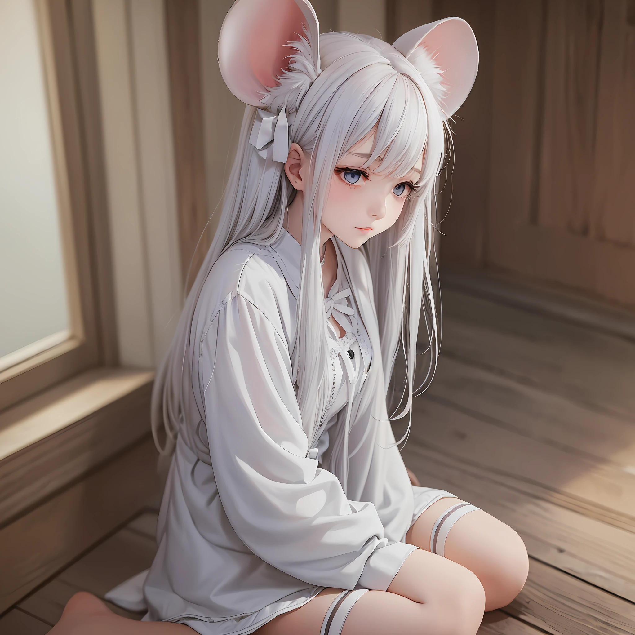 (HD quality, warm atmosphere) A character with white hair and mouse ears, slightly bowed head, looks shy, wearing white stockings --auto --s2