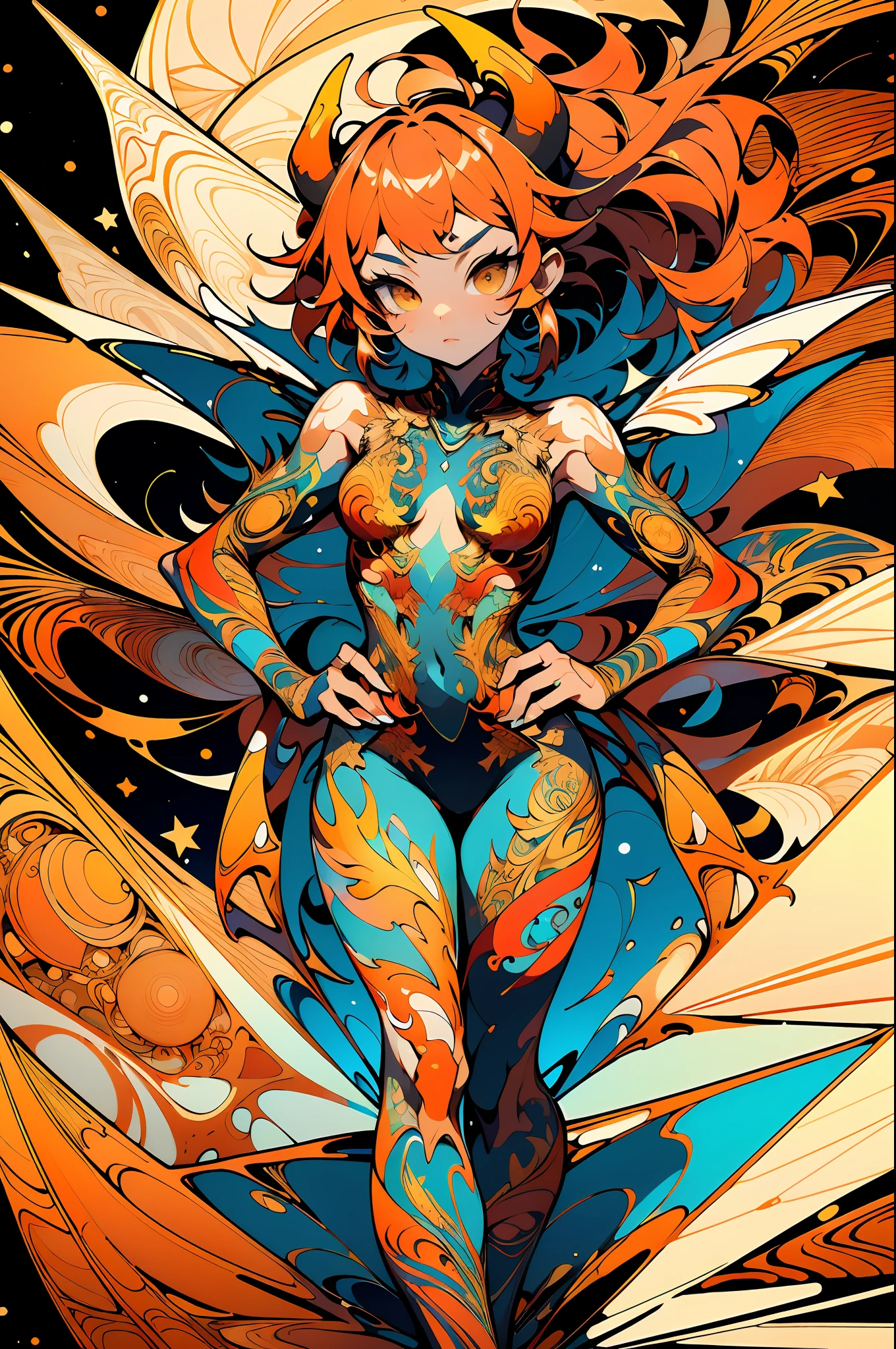 absurd, highres, ultra detailed, (ultra-detailed background, detailed background), extremely detailed, flame demon woman, adult woman, perfect adult face, 35 years old, (zentangle:1.2), (geometric:1.2), colorful, full body, sexy pose, short clothes, dragon tattoo, stars, tiny thong, almost naked, muscular, perfect body, vietnamese ornaments, demon of japanese culture