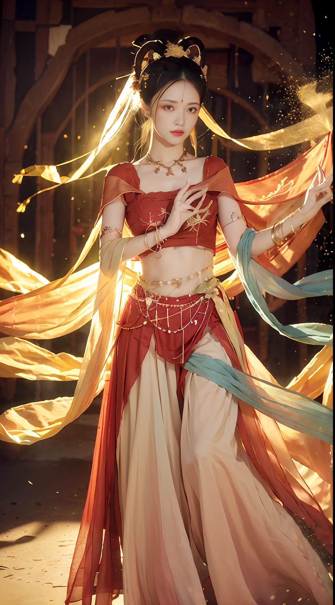 (8k, RAW photo, best quality, masterpiece:1.2), (realistic, photo-realistic:1.4), (extremely detailed CG unity 8k wallpaper), (1 girl:1.5), Western beauty, (Red clothes: 1.4), red spots on forehead, pale skin, blush, big eyes, full body, thighs, open navel, gold waist chain, gold jewelry, flying ribbons, particles, background is Loulan ancient city, ancient city wall, desert, dance, dunhuang_dress, dunhuang_style,