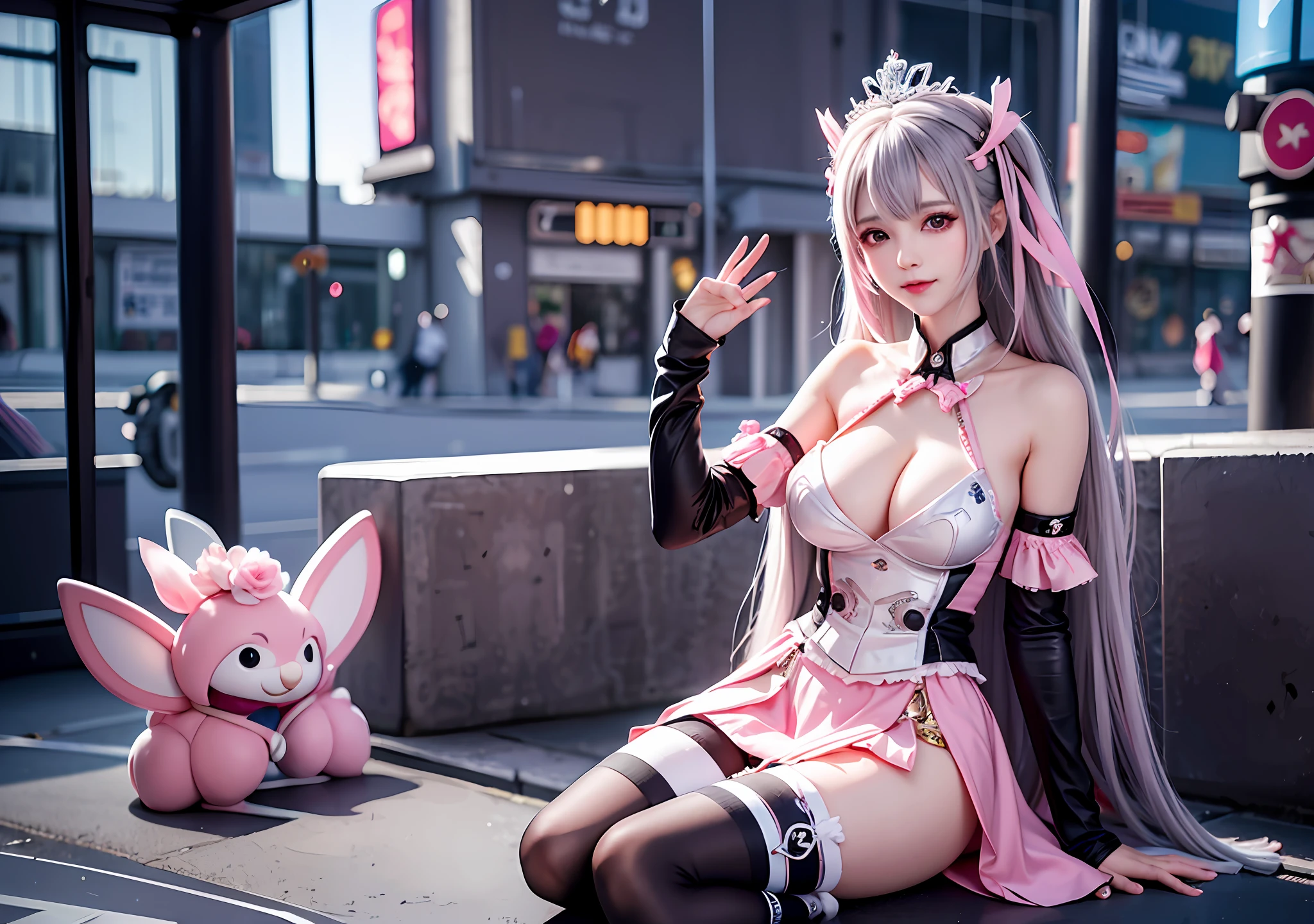 32k definition, high bitrate, 8k resolution, 1girl (1.7), silver long hair, cyberpunk style, stunning face, touching smile, feminine expression, nudity, crown, graffiti on face, face graffiti, big breasts, short skirt, pink lolita, ribbon, stockings, long legs, sitting position, dreamy city background
