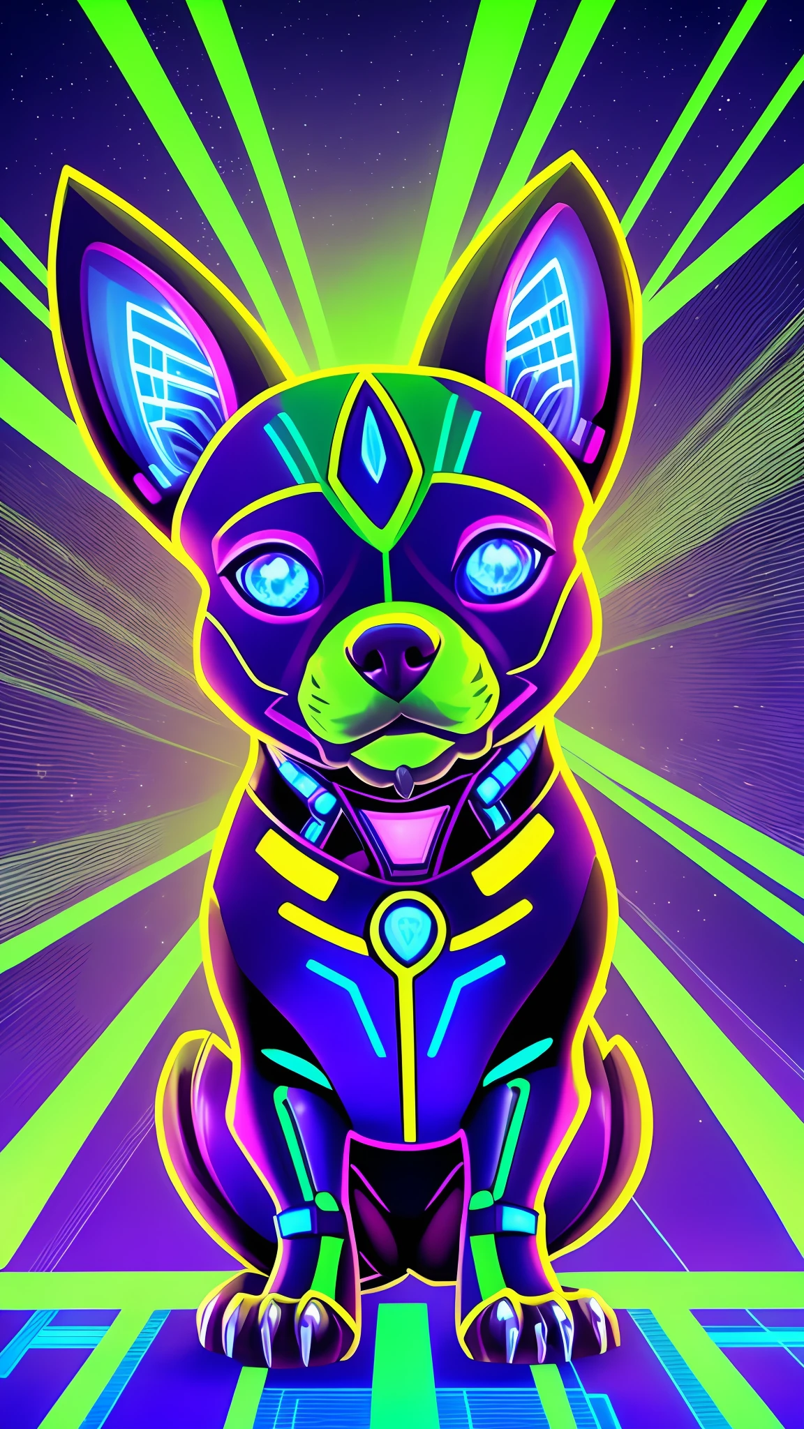 Cyber Chihuahua: In this NFT, the Chihuahua takes on a futuristic transformation. The artwork depicts the Chihuahua as a cybernetic companion, seamlessly merging organic elements with technological enhancements. Gleaming lines of code intertwine with the dog's silhouette, and neon lights pulse beneath its sleek metallic surface. With a vibrant color palette of electric blues, radiant purples, and vivid greens, this NFT represents the perfect synergy between cutting-edge technology and the lovable charm of a Chihuahua. --auto --s2