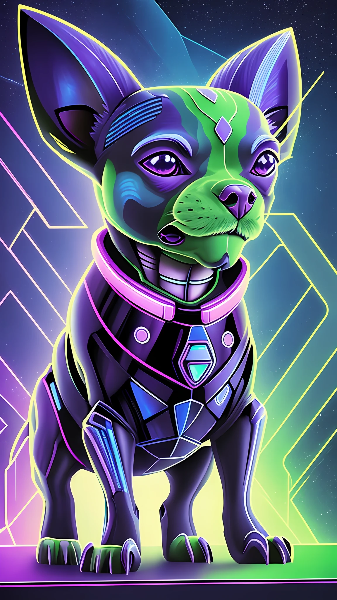 Cyber Chihuahua: In this NFT, the Chihuahua takes on a futuristic transformation. The artwork depicts the Chihuahua as a cybernetic companion, seamlessly merging organic elements with technological enhancements. Gleaming lines of code intertwine with the dog's silhouette, and neon lights pulse beneath its sleek metallic surface. With a vibrant color palette of electric blues, radiant purples, and vivid greens, this NFT represents the perfect synergy between cutting-edge technology and the lovable charm of a Chihuahua. --auto --s2