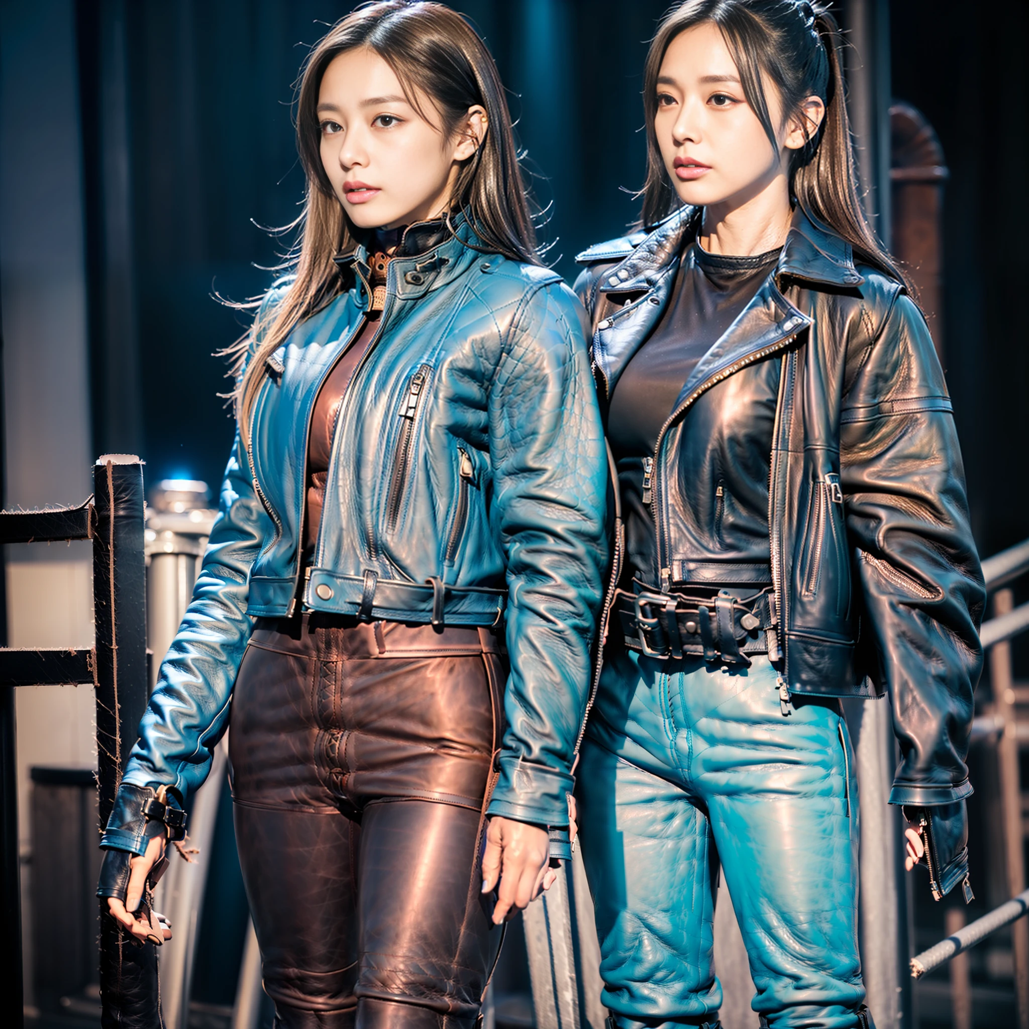 ((((7+girls)))), ((All light blue leather fashion)))))(Masterpiece)(Highest quality))), (16K)))), (Detailed description)))))), (High contrast)))))), Japan( Beauty))))), 20 years old, (((Straight face))))), ((Boyish))))), (Sexy)), (Wild)))), (Cool))))), (Super tall)), (Super big breasts))))), (Looking at the camera), (Full body))))), ((Riders jacket)))))), ((((Leather pants)))) ), ((((((Leather Boots)))))), ((Standing))))), (Professional Lighting)))), (Moonlight), (Tokyo)