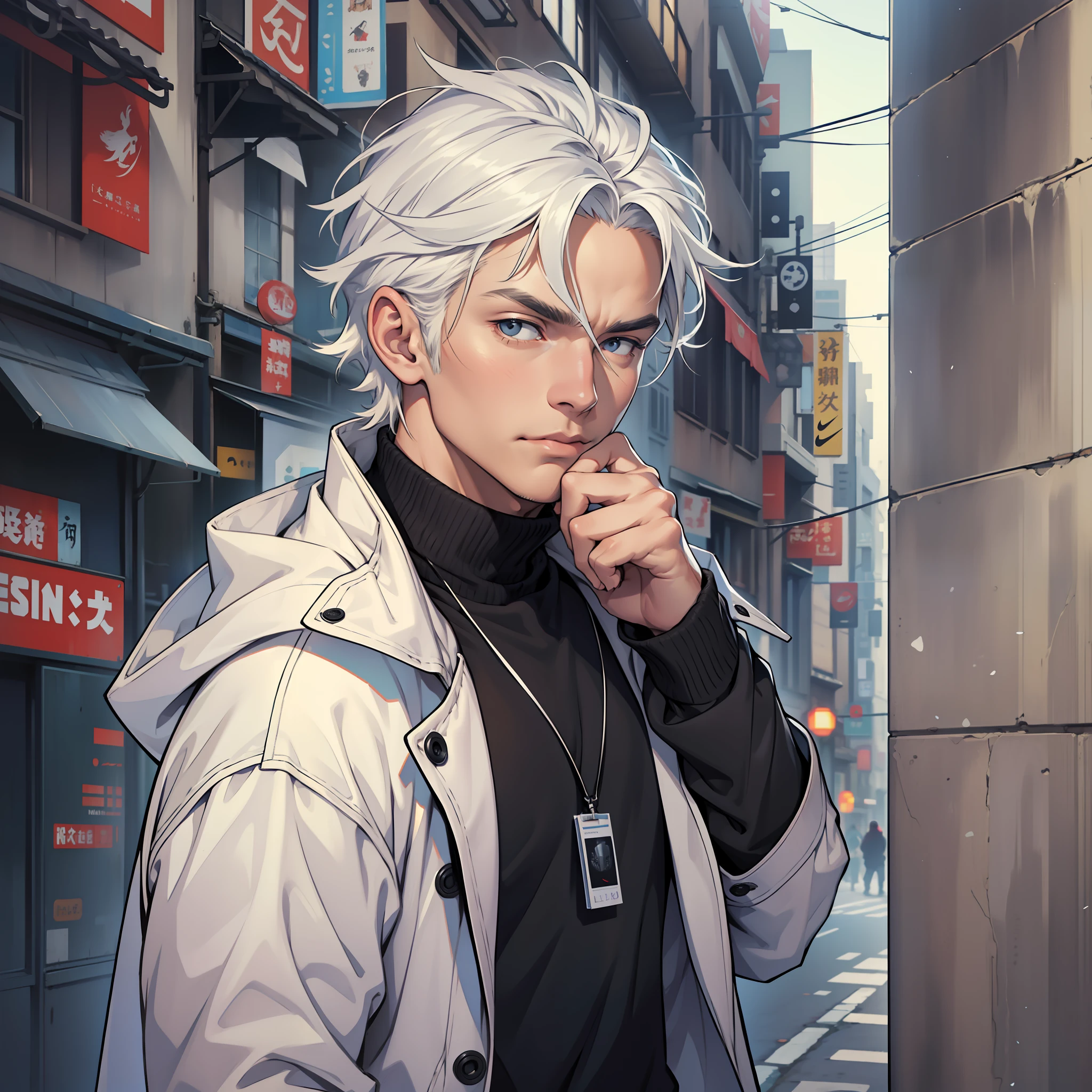 (realistic: 1.5)),((best quality)), ((masterpiece)),((detailed)), man, young, white-haired, short, black coat, focus on face, nike coat, hand on chin, thoughtful