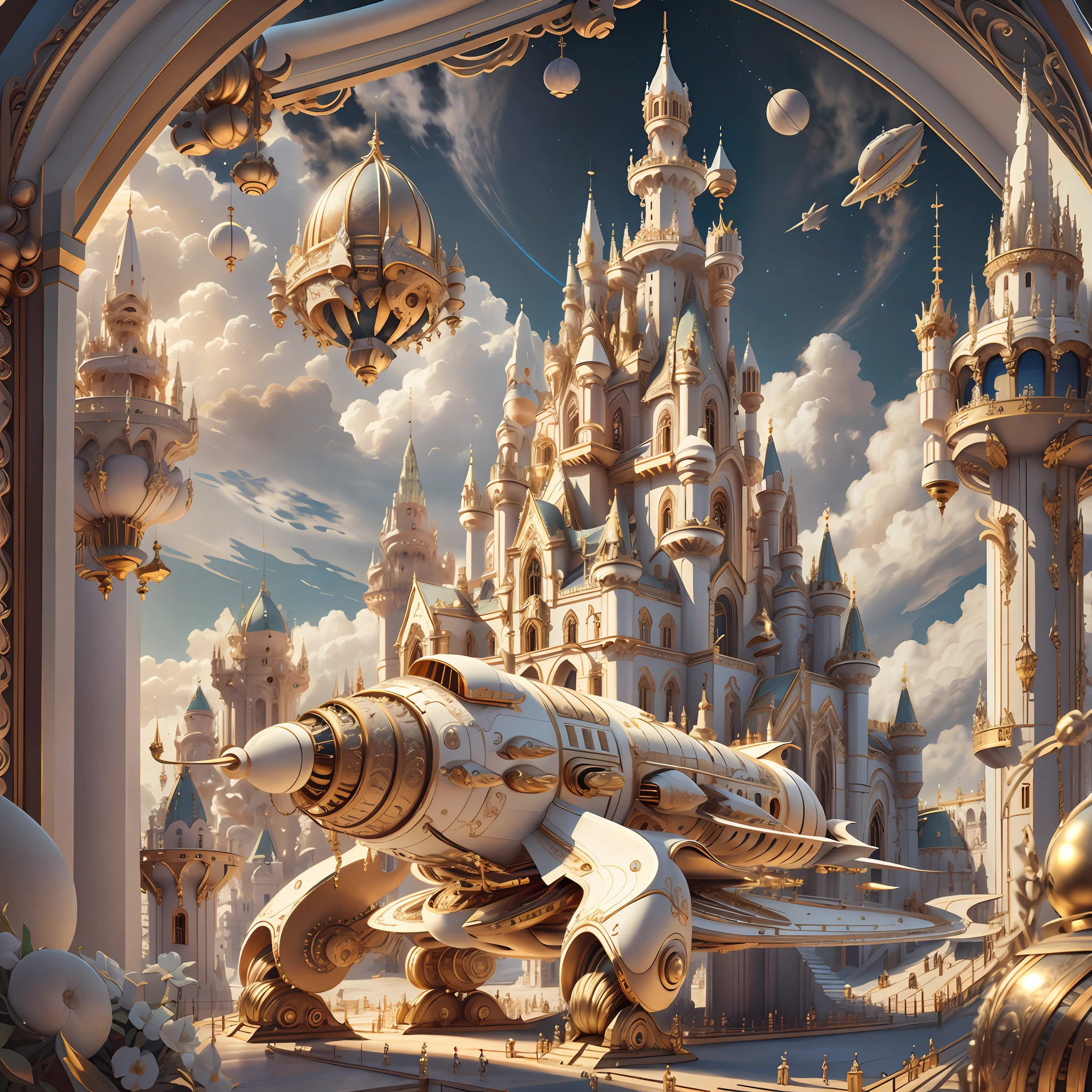 IvoryGoldAI spaceship in space, castle complex in the background, extremely detailed, masterpiece, 8k quality