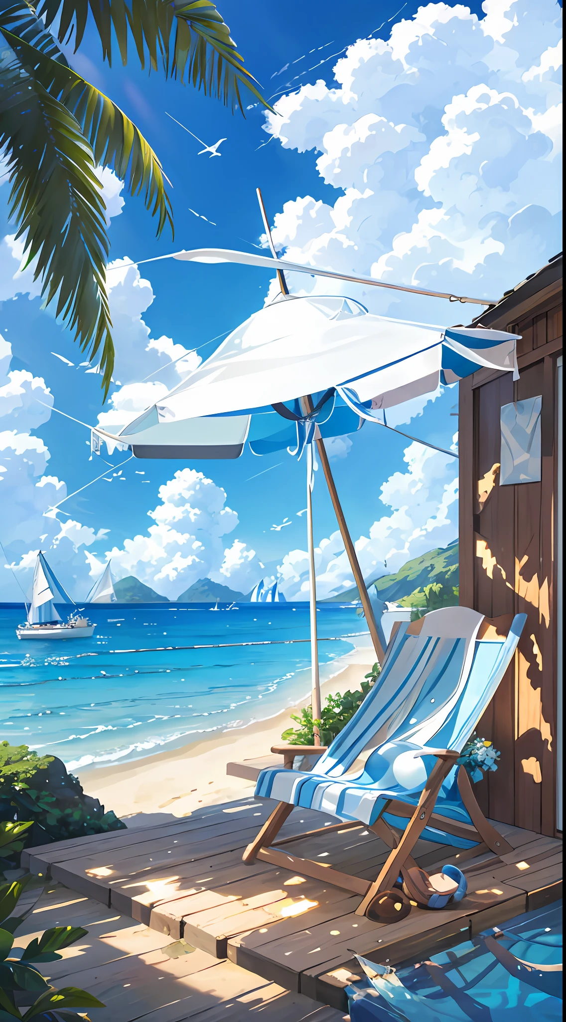 Summer, seaside, island, clear water, blue gradient water, transparent seawater, a ship floating on the sea, island, beach chair, paradise, large clouds, blue sky, hot weather, HD detail, hyper-detail, film, surrealism, soft light, deep field focus bokeh, distant snow mountains, ray tracing, and surrealism. --v 6