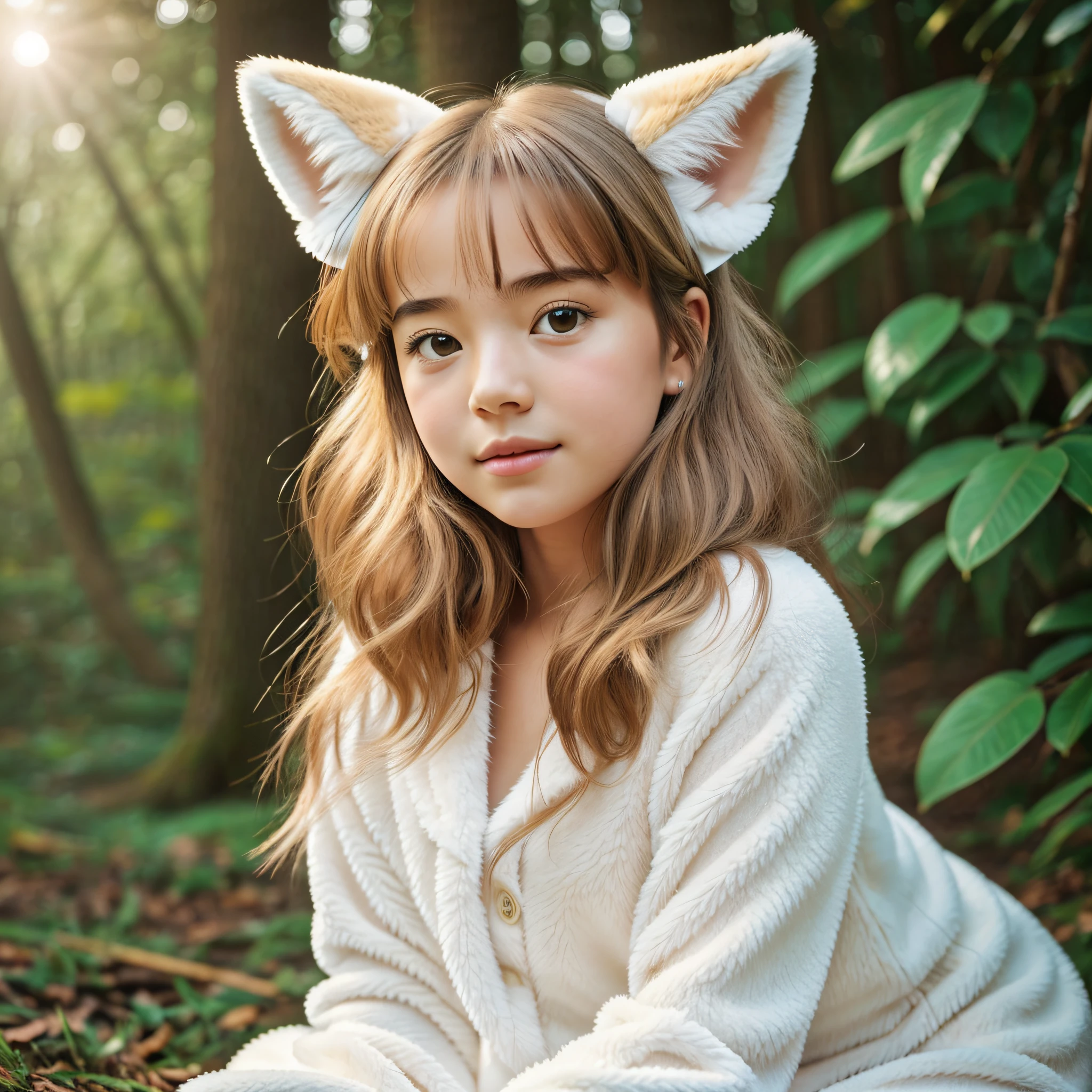 A professional high-quality photo, in 4K resolution, captures in realistic detail a charming girl in a fluffy white pajama with ears and foxtail. She is sitting in the middle of an enchanted forest, where every element is portrayed to perfection. The textures of the pajamas, ears and tail are sharp and palpable. Sunlight falls on the leaves and gently illuminates the girl's face, highlighting each delicate and charming expression --auto --s2
