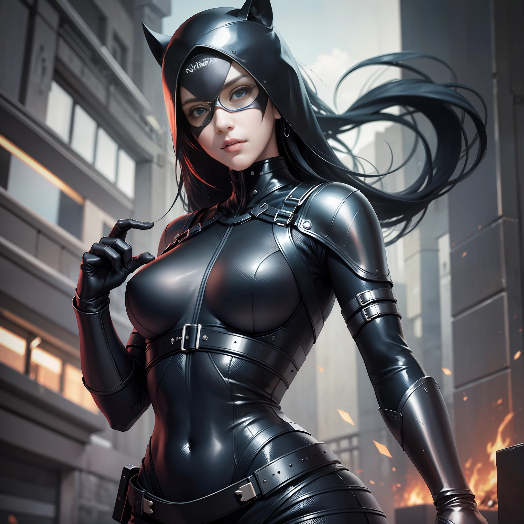 (masterpiece), (best quality), perfect face, perfect body, 1girl, beautiful girl, stand, posing, cool pose, female ninja, cinematic, cinematic light, low key, ninja mask, sexy