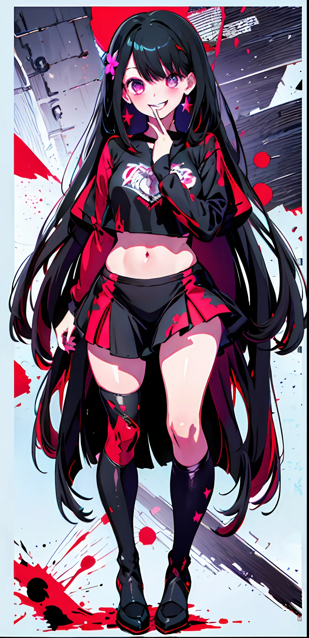 Original character, 1girl, (happy smile: 1.2), black hair, bangs, full body, hands on face, red blood splatter, red and black color scheme, slightly open mouth, (wide eyes: 1.2), bright eyes, left star-shaped eye, flower-shaped eye, purple eyes, purple eyes, jewelry earrings,