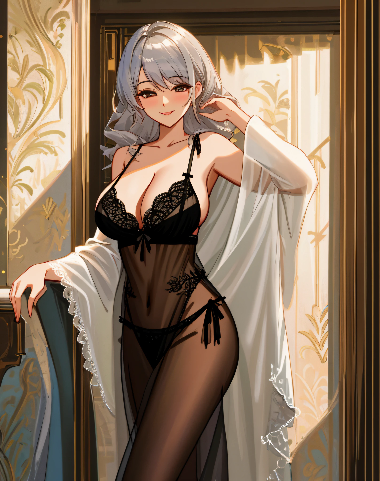 4K, Masterpiece, highres, absurdres, smiling,edgTemptation, a woman in a sexy lingerie sheered robe posing for a picture , wearing edgTemptation, black lingerie, silver hair, milf, cleavage, large breasts, happy smile