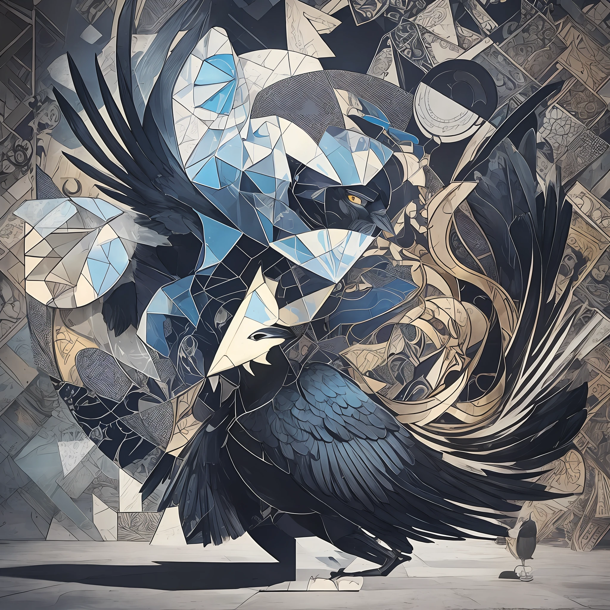 This is an idea with positive and negative shapes, showing the figure of a crow and a person, and through the use of shadows, the two objects are fused into a pattern. --auto --s2