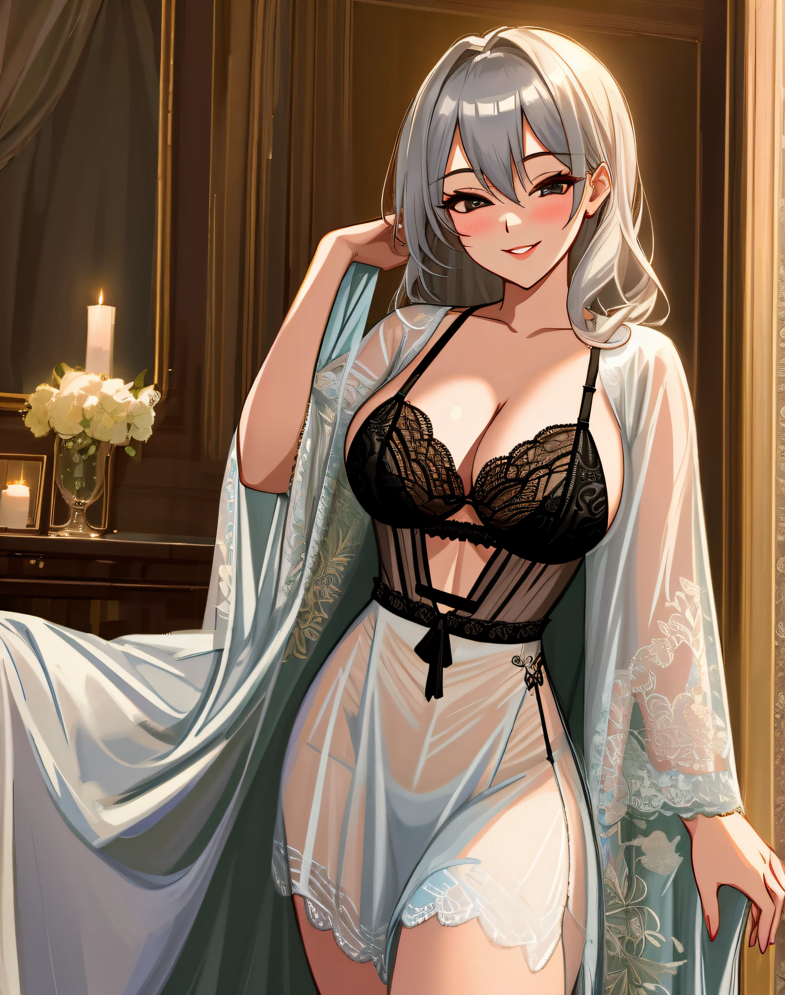 4K, Masterpiece, highres, absurdres, smiling,edgTemptation, a woman in a sexy lingerie sheered robe posing for a picture , wearing edgTemptation, black lingerie, silver hair, milf, cleavage, large breasts, happy smile