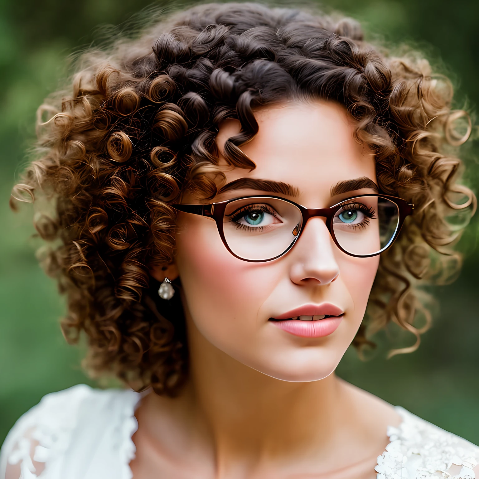 A beautiful princess, bride with curly hair, thin, wears glasses, portrait