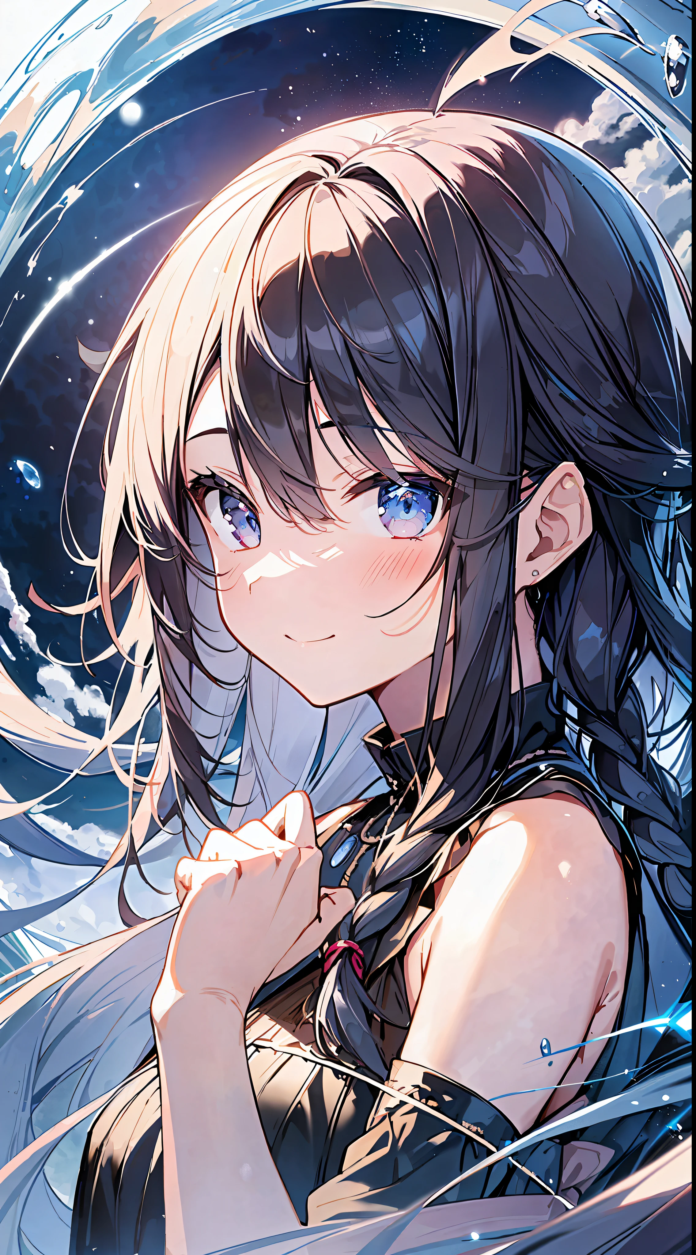 (Incredibly Absurdres Absolutely Resolution: 1.5), Top Quality, Masterpiece, Ultra High Definition, 8K, Summer Sky, Early Summer, (Wide Pants, Blue Sleeveless), Shōjo Manga Style , One, Soft Line Art, Digital Enhancement, Shojo Manga Touch, Shojo Manga Core, Flowing Fabric, Close Up, ( shoulder-length hair length and short braids)), wet hair, soft drawing, fluffy, soft, beautiful black hair, clear eyes, (((gentle smile)), ultra-detailed digital anime art, clear face depiction, ultra-detailed shoujo manga character art, clear facial features, ultra-detailed manga style, top quality colors, hand gestures, looking up at the sky, angle to see up to your feet, zentangle:1.3、entangle、beautiful and aesthetic、High quality:1.3