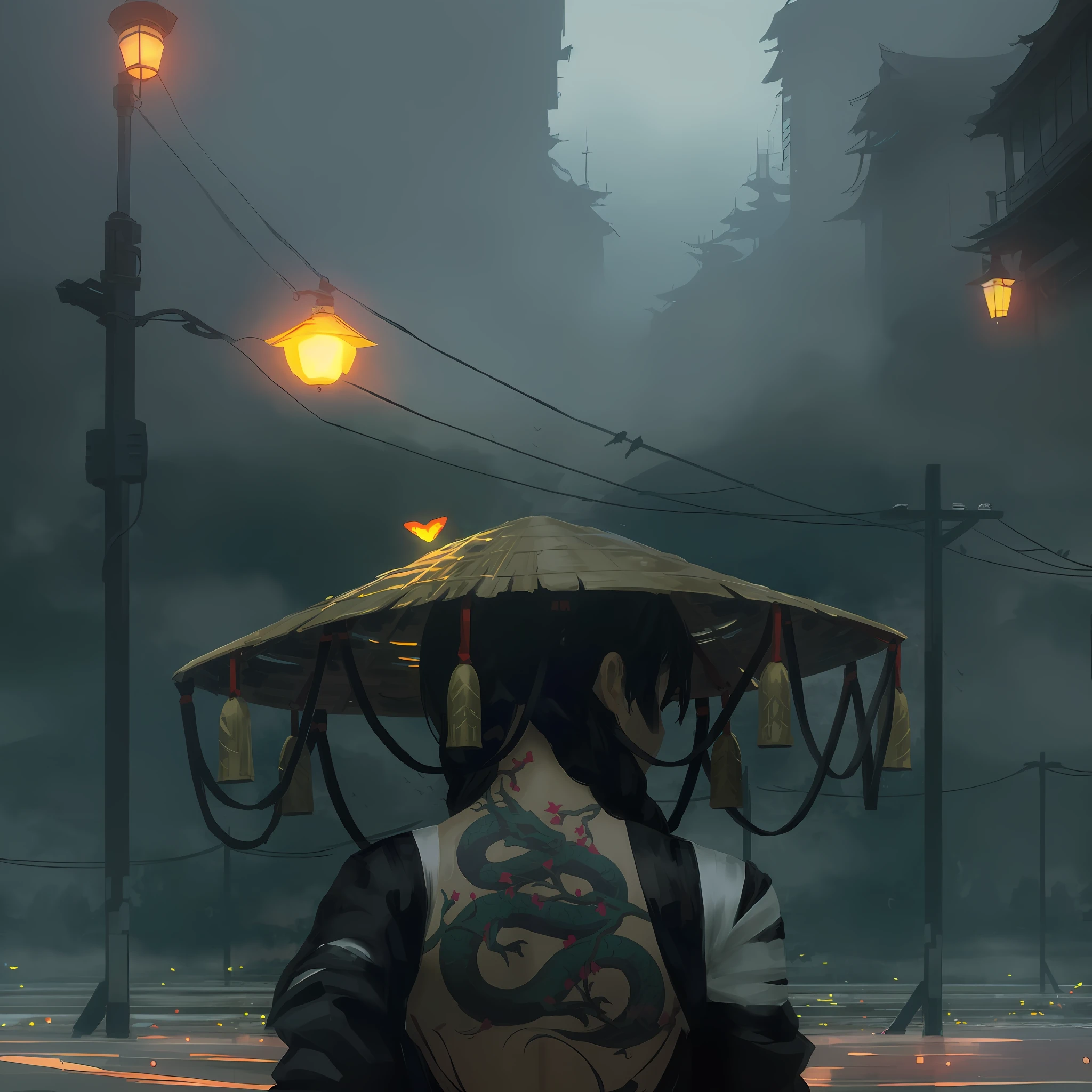 there is a woman with a tattoo on her back walking down the street, artwork in the style of guweiz, guweiz, makoto sinkai, inspired by Kanō Naizen, guweiz masterpiece, digital painting concept art, ghost of tsushima, ross tran 8 k, cgsociety concept art, guweiz on artstation pixiv