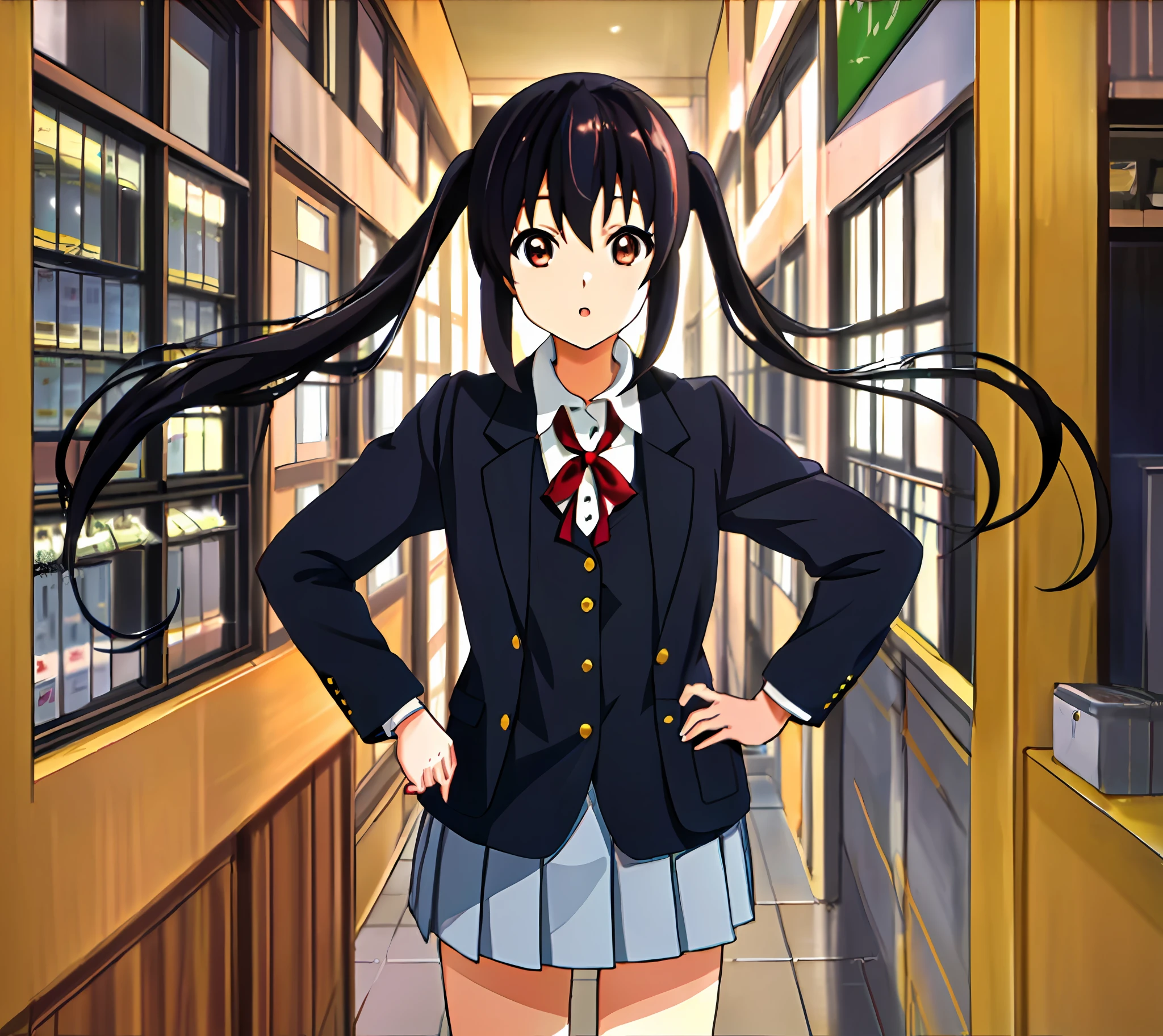 1girl, ((((Masterpiece))), Best Quality, Best Quality, High Detail, Azusa Nakano, 1girl, Sakuragaoka High School Uniform, Musical Instrument, School Uniform, Twin Tails, Long Hair, Black Hair, Brown Eyes, Solo, Red, Dark blue blazer with a thin ribbon of red, Solid white button shirt under blazer, Illustration, Cartoon, Soothing tones, Muted colors, Soft cinematic light, Adobe Lightroom, Photo Lab, HDR, complex and highly detailed, (((depth of field))))). (((Masterpiece))). (((highest quality))).) ((super detail))). Put your hands on your hips, stretch your chest, and sunset.