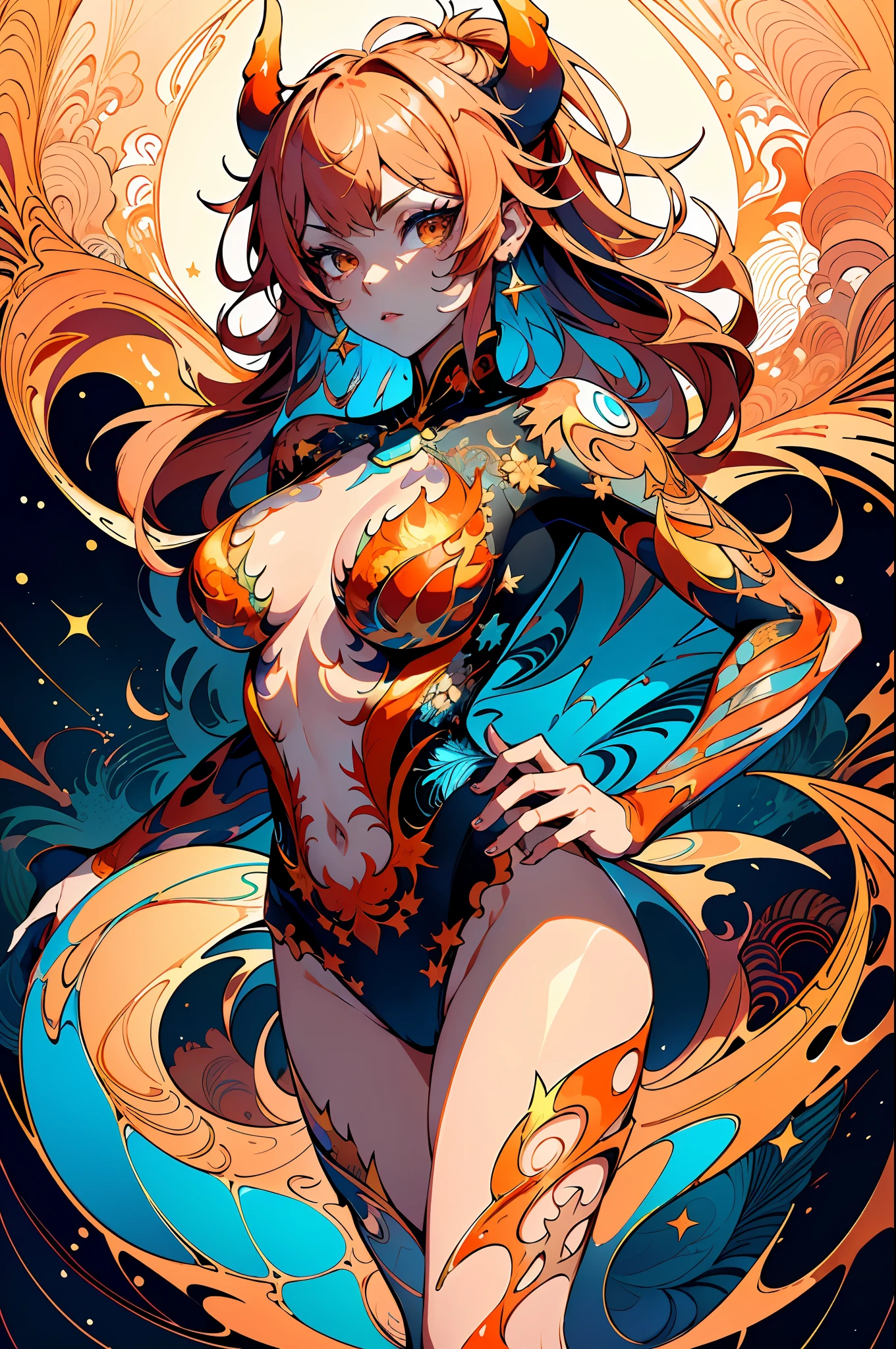 absurd, highres, ultra detailed, (ultra-detailed background, detailed background), extremely detailed, flame demon woman, adult woman, perfect adult face, 35 years old, (zentangle:1.2), (geometric:1.2), colorful, full body, sexy pose, short clothes, dragon tattoo, stars, tiny thong, almost naked, muscular, perfect body, vietnamese ornaments, demon of japanese culture