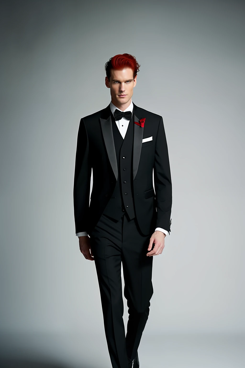 Tall man, white man, short red hair, gray eyes, black vest suit, black glove, black jacket.