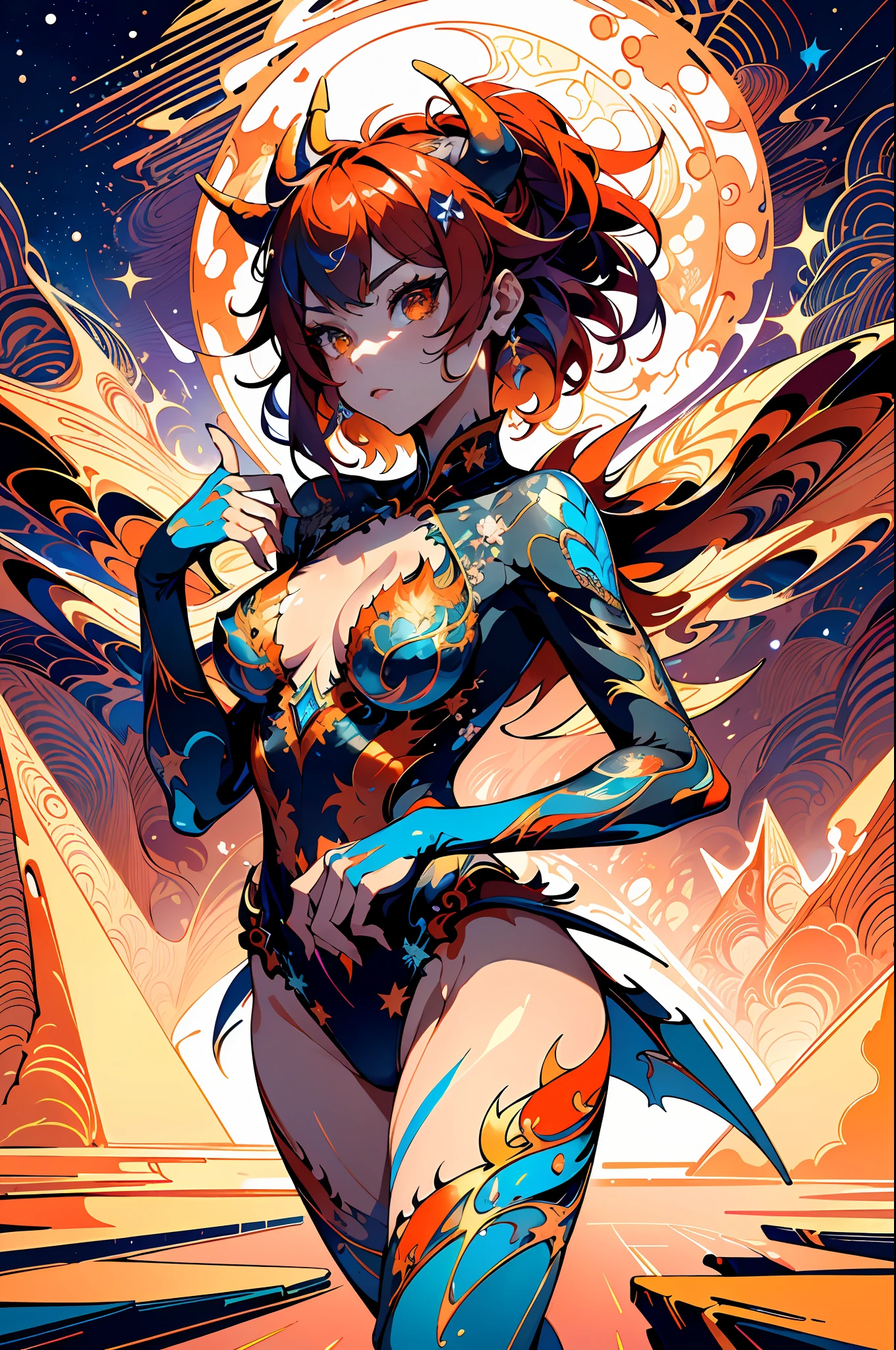 absurd, highres, ultra detailed, (ultra-detailed background, detailed background), extremely detailed, flame demon woman, adult woman, perfect adult face, 35 years old, (zentangle:1.2), (geometric:1.2), colorful, full body, sexy pose, short clothes, dragon tattoo, stars, tiny thong, almost naked, muscular, perfect body, vietnamese ornaments, demon of japanese culture