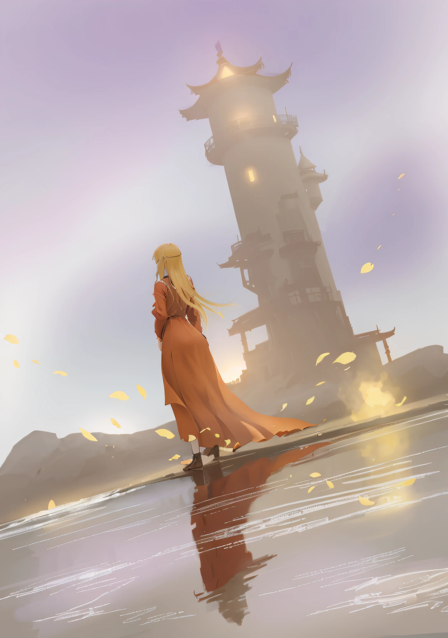 Anime scene A woman in a long red dress walking on the shore, vague and dreamy illustration, mage tower far away, high detail. Digital painting, blurry and dreamy illustration, digital painting of pagoda, beautiful artwork illustration, concept illustration, concept art digital illustration, desolation. Digital Illustration, Background Artwork, Hard Light Digital Painting, Serenity Illustration, Yang J, Epic Fine Character Art, Stunning Character Art, Fan Qi, Wu Jun Shifan, Gu Wiz at Pixiv Art Station