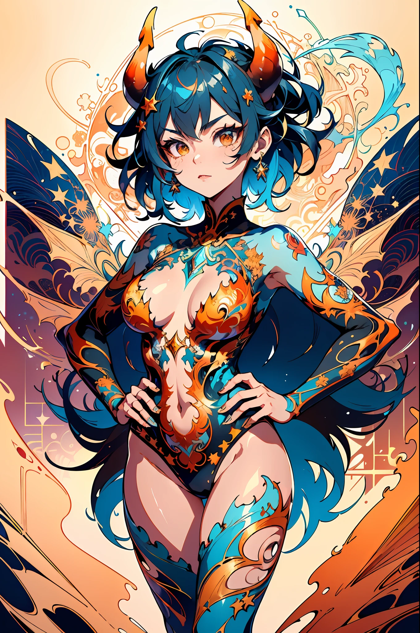 absurd, highres, ultra detailed, (ultra-detailed background, detailed background), extremely detailed, flame demon woman, adult woman, perfect adult face, 35 years old, (zentangle:1.2), (geometric:1.2), colorful, full body, sexy pose, short clothes, dragon tattoo, stars, tiny thong, almost naked, muscular, perfect body, vietnamese ornaments, demon of japanese culture