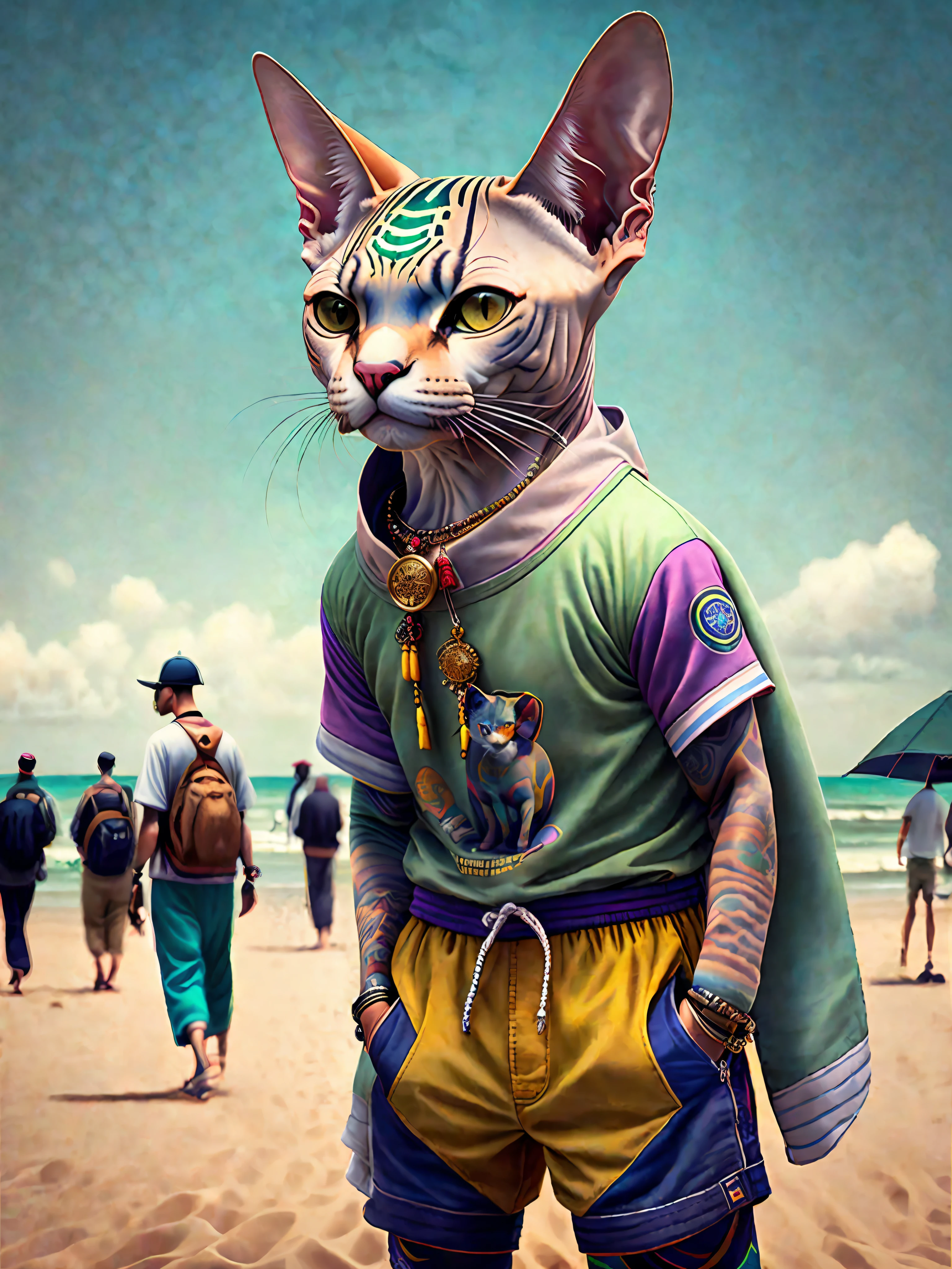 image of a beautiful Sphynx cat, trend of the art season, dressed in beach clothes, hyper realistic detailed rendering, Brazilian gang member, urban style, relaxed pose, planet of cats, fashion clothes, urban samurai, meow, west slavic traits, 8 1 5