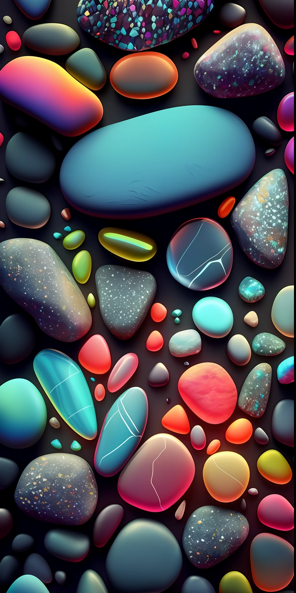 a close up of a bunch of rocks and pebbles, amoled wallpaper, colourful 3 d crystals, amazing detail digital art, vibrant 3d textures, beeple colors, amazing wallpaper, pebbles, stylized digital art, smooth rocks, ((rocks)), wallpaper mobile, stylized material bssrdf, 4k highly detailed digital art