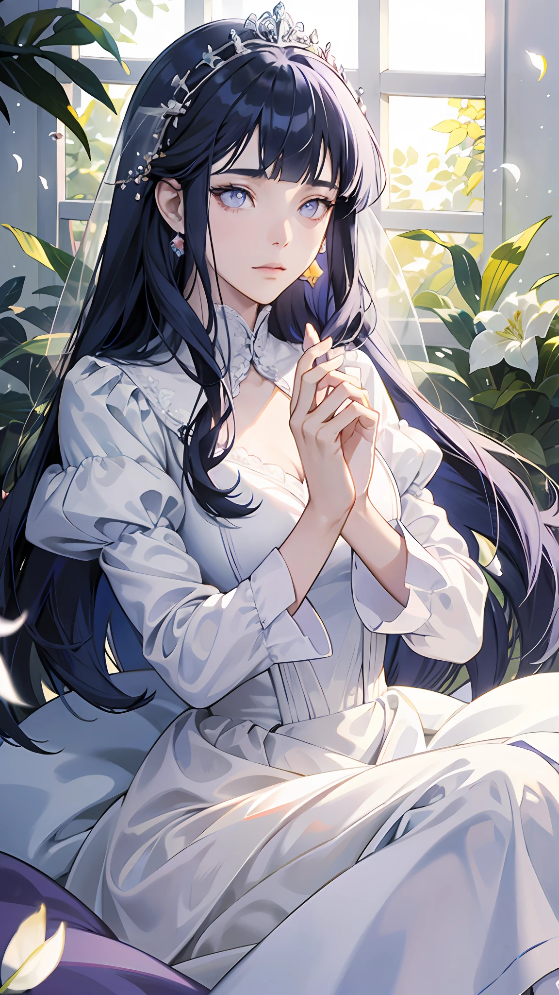 ((best quality)), ((masterpiece)) WEDDING PRINCESS DRESS, light ray, lens flare, white petals, long coated cat, exotic, blunt bangs, dark blue hair, purple eyes