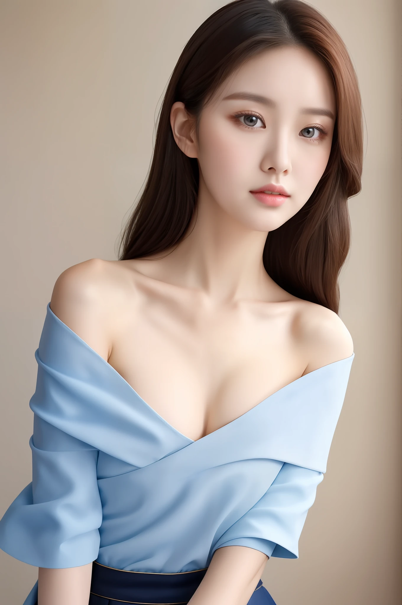 Fashion trendy beautiful and charming woman, gentle and charming Chinese beautiful woman, Korean(kpop-idol), delicate and sexy collarbone, charming oval face, double eyelids, smart peach blossom eyes, pink lips, small nose, bare shoulders, focus on the face, close-up of the face, Ultra-high-definition, super-detailed, the ((loose)), white off-the-shoulder shirt perfectly echoes the light blue high slit miniskirt, fresh and impressive, Natural(medium breasts:1.25), (nsfw:1.2)