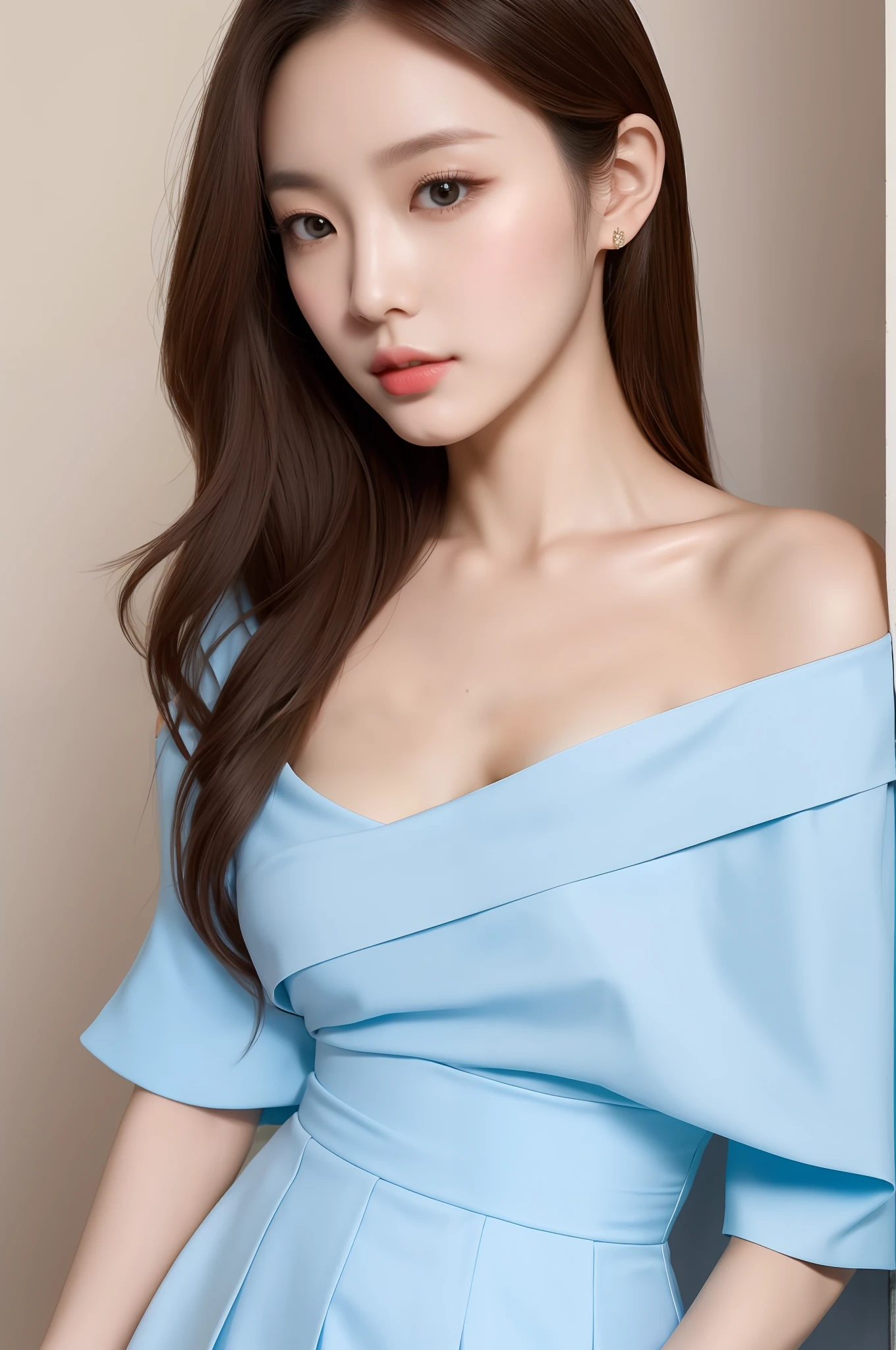 Fashion trendy beautiful and charming woman, gentle and charming Chinese beautiful woman, Korean(kpop-idol), delicate and sexy collarbone, charming oval face, double eyelids, smart peach blossom eyes, pink lips, small nose, bare shoulders, focus on the face, close-up of the face, Ultra-high-definition, super-detailed, the ((loose)), white off-the-shoulder shirt perfectly echoes the light blue high slit miniskirt, fresh and impressive, Natural(medium breasts:1.25), (nsfw:1.2)