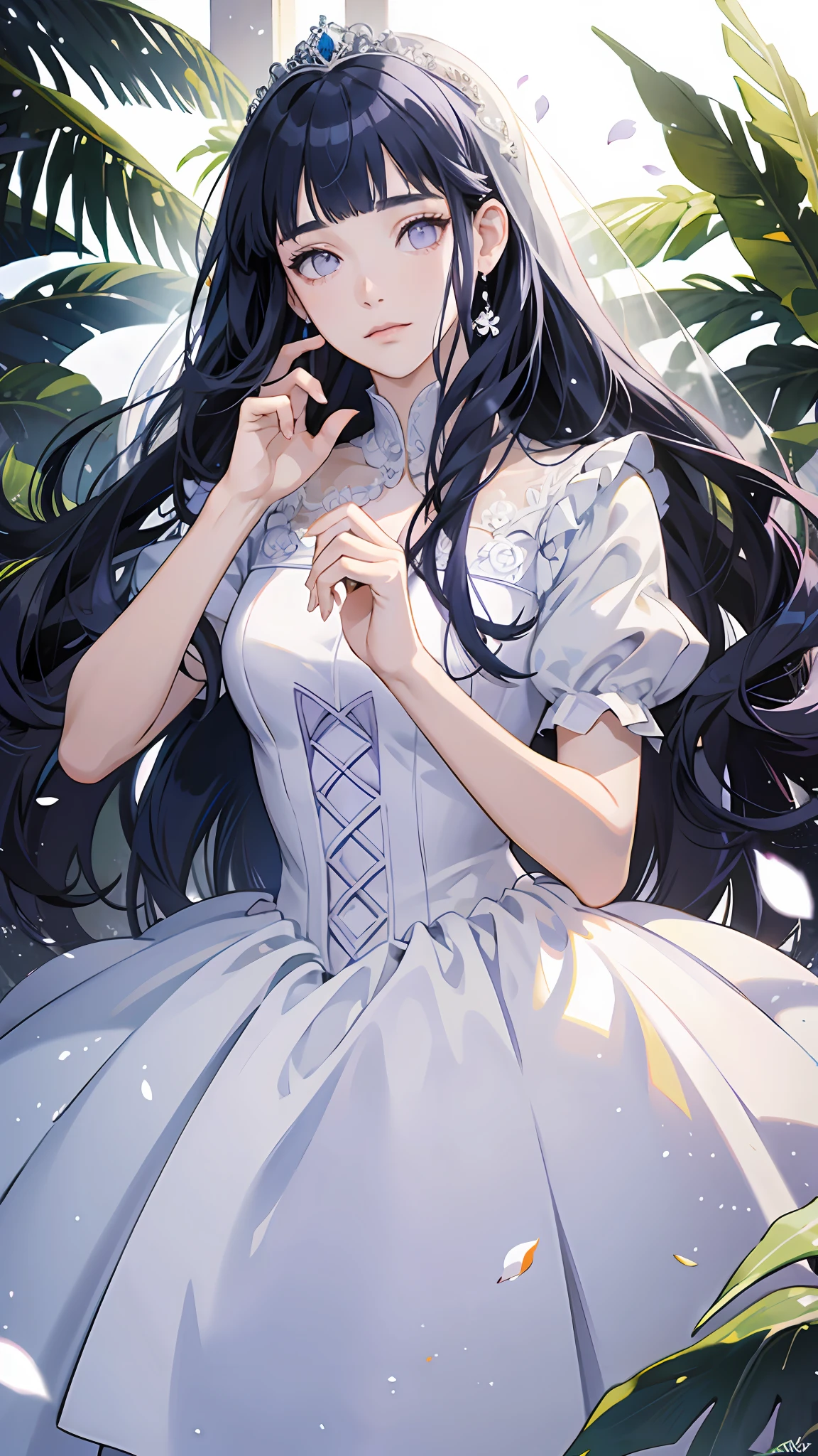 ((best quality)), ((masterpiece)) WEDDING PRINCESS DRESS, light ray, lens flare, white petals, long coated cat, exotic, blunt bangs, dark blue hair, purple eyes