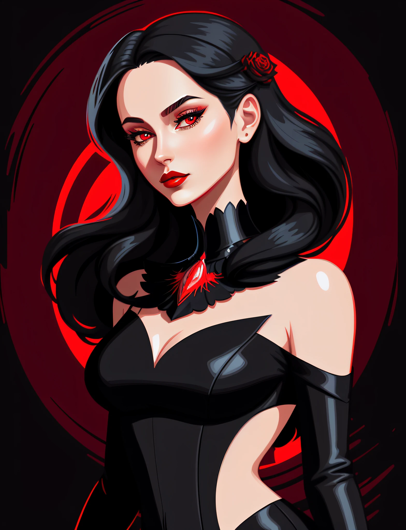 there is a woman with a black dress and red lipstick, in style of digital illustration, highly detailed vector art, vector art style, a beautiful artwork illustration, style digital painting, epic portrait illustration, stunning art style, vector style drawing, digital illustration portrait, stunning digital illustration, vector art, exquisite digital illustration, in the art style of bowater