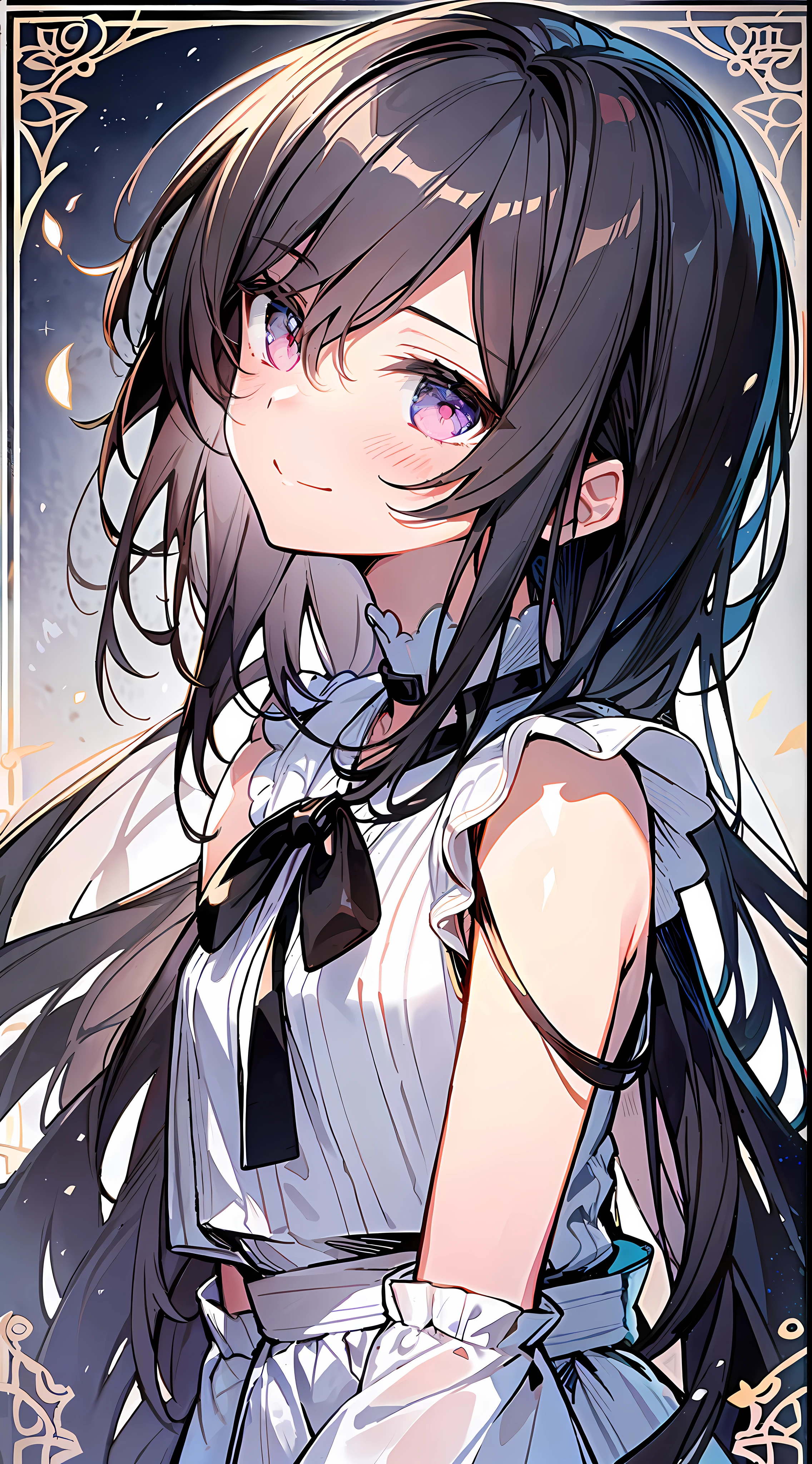 (Incredibly Absurdres Absolutely Resolution: 1.5), Top Quality, Masterpiece, Ultra High Definition, 8K, Summer Sky, Early Summer, (Wide Pants, Sleeveless with Black Stripes), Shojo Manga Style Loli, One, Soft Line Art, Digital Enhancement, Shojo Manga Touch, Shojo Manga Core, Flowing Fabric, Close Up, ( shoulder-length hair length and short braids)), soft drawing, fluffy, soft, beautiful black hair, clear eyes, (((gentle smile)), ultra-detailed digital anime art, clear face depiction, ultra-detailed shojo manga character art, clear facial features, ultra-detailed manga style, top quality colors, hand gestures, looking up at the sky, angle to see up to the feet, zentangle:1.3、entangle、beautiful and aesthetic、High quality:1.3