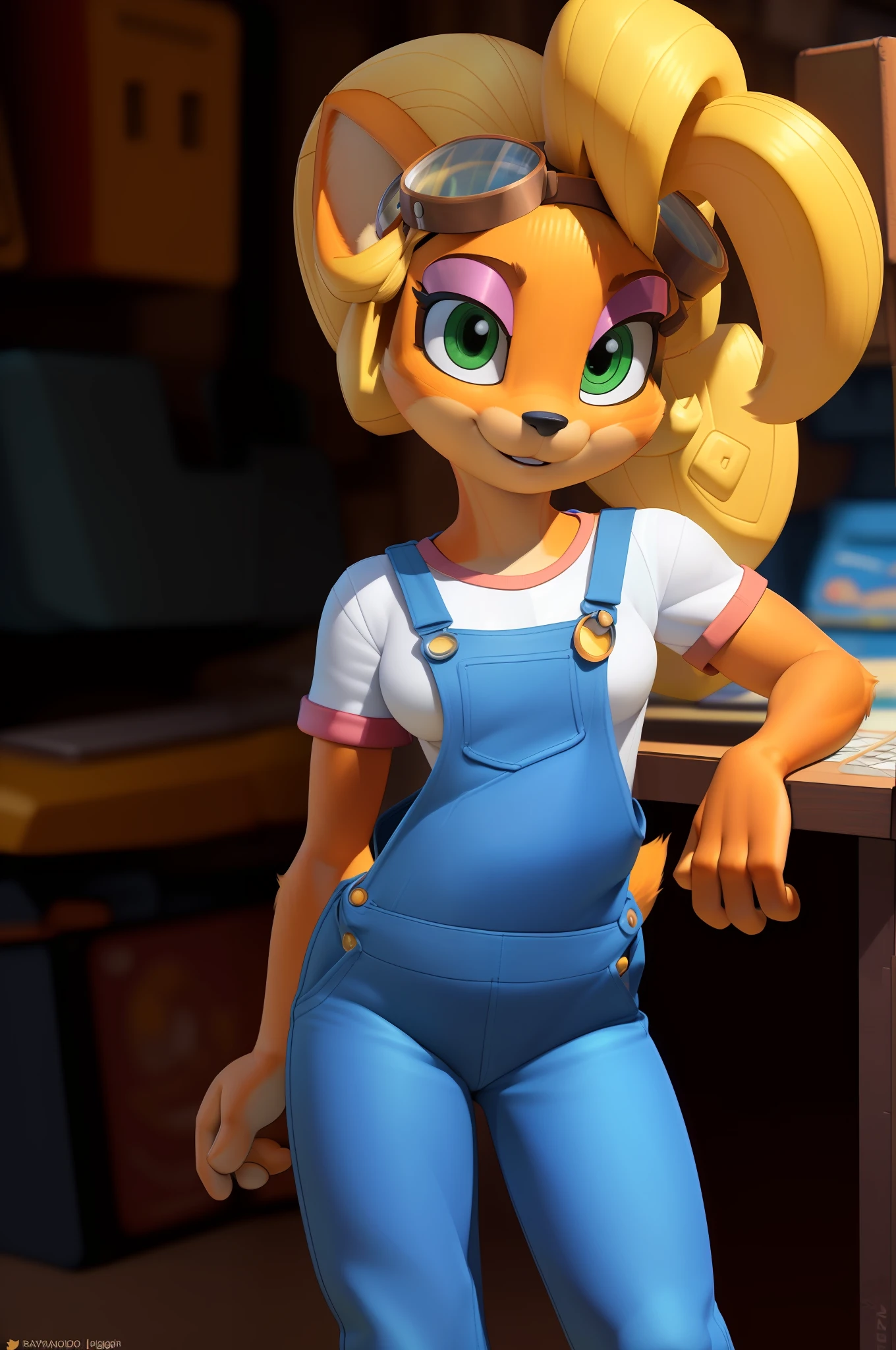 [Coco bandicoot], [Uploaded to e621.net; (Pixelsketcher), (wamudraws)], ((masterpiece)), ((solo portrait)), ((1gir)), ((front view)), ((furry; anthro)), ((detailed fur)), ((raytracing)), ((detailed shading)), ((beautiful 3D art)), {anthro; (orange fur, black nose, blonde hair, curly ponytail, curly bang), (cute green eyes; pink eyeshadow), happy smile, (white shirt, small boobs, (blue denim overalls; 1 strap), (goggles on head), pink sneakers}, ((leaning on desk), attractive pose), [background; garage; (machinery, pink laptop)]