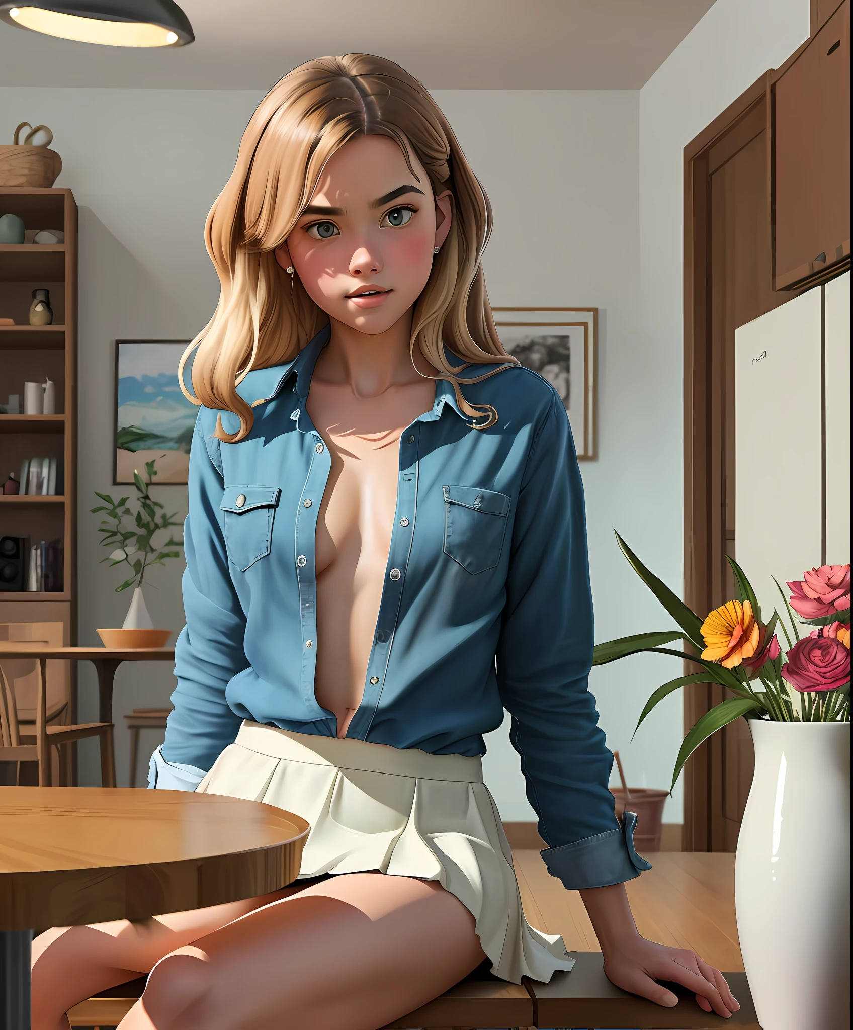 (fairytale art style: 0.8), sitting on a table, legs wide apart, red panties, facing the viewer (redshift style: 1.1), very short mini skirt(analog style: 1.11), (studio_ghibli_anime_style style: 0.8), (copeseethemald style: 0.9), glossy, pit fool, [Margot Robbie | Tea Leonie], woman, 1girls, solo, detailed face, symmetrical, pretty, plunging neckline, small breasts, lips, blue eyes,  realistic pupils, close-up, blonde hair, dark button-down shirt, white mini skirt, pleated skirt, skirt, thigh-length clips, center, looking to the side, standing, centered, skin pores, realistic skin, subsurface skin dispersion, detailed skin, shiny skin, belly, modern home, furniture, table, kitchen, detailed background, objects, realistic proportions, redness, retro, 60s, vintage, light rays,  caustic, masterpiece, best quality, realism, hyperrealism, sharp focus, absurdity, good anatomy,