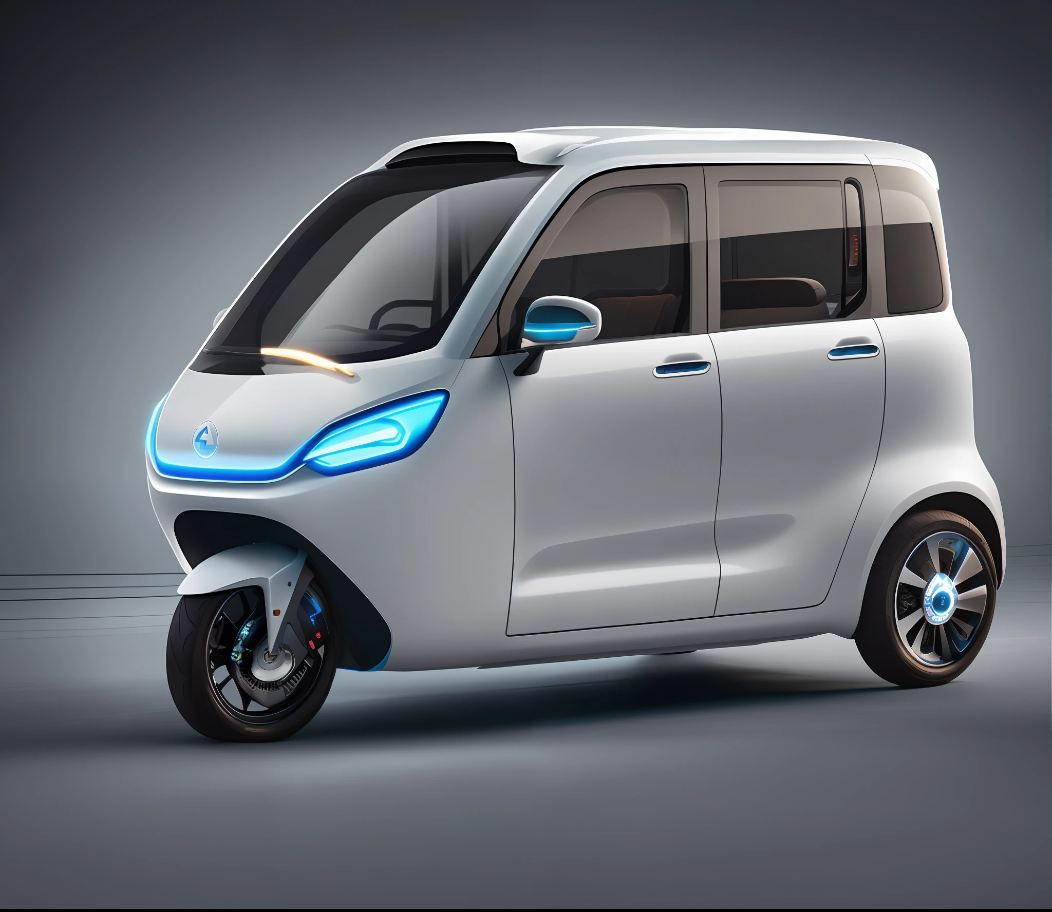 a close up of a small white car with a blue light on the side, kama russian electrocar, futuristic product car shot, futuristic vehicle, hydrogen fuel cell vehicle, futuristic taxi, trending on vehicle design, transportation design render, sha xi, new vehicle, futuristic concept car, futuristic suzuki, concept car, 3/4 front view, front perspective, futuristic car
