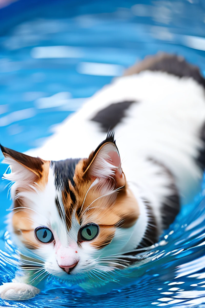Cute calico kitten, swimming in the pool