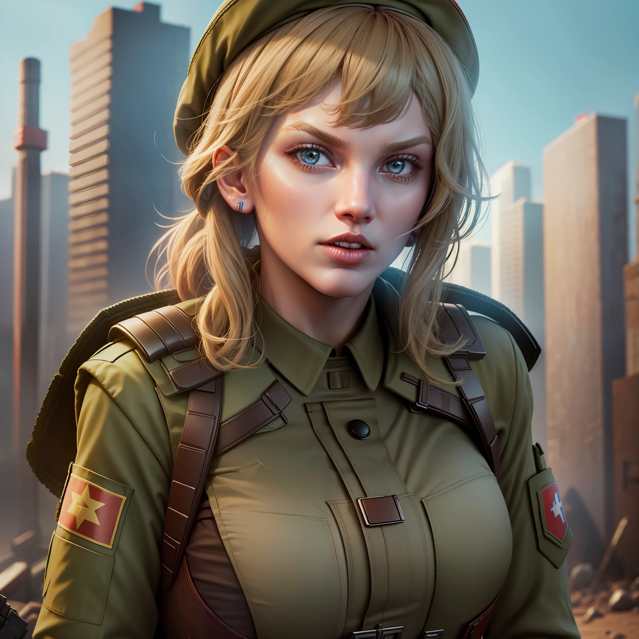 ultra-realistic,8k,communist,war clothes,soldier,Taylor Swift fighting for communism,bright colors)