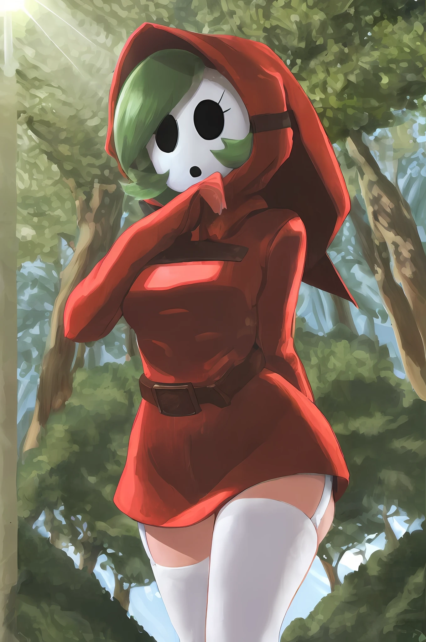 [shy gal], [Uploaded to e621.net; Minus8], ((solo portrait)), ((raw photo)), ((High definition)), ((anime)), ((raytracing)), ((detailed shading)), ((intricate details)), {shy guy; (woman body, shy guy mask, green hair, beautiful legs, curvaceous hips), (red bodycon dress; red hood, brown belts, (white knee high socks; garterbelt straps))}, ((standing), surprised), [Background; (outside daytime; forest, sunny, trees, sun rays through trees)]