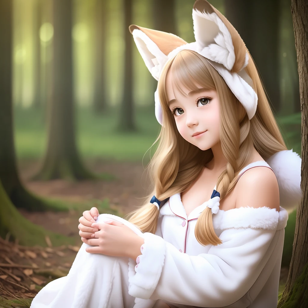 A professional high-quality photo, in 4K resolution, captures in realistic detail a charming girl in a fluffy white pajama with ears and foxtail. She is sitting in the middle of an enchanted forest, where every element is portrayed to perfection. The textures of the pajamas, ears and tail are sharp and palpable. Sunlight falls on the leaves and gently illuminates the girl's face, highlighting each delicate and charming expression --auto --s2