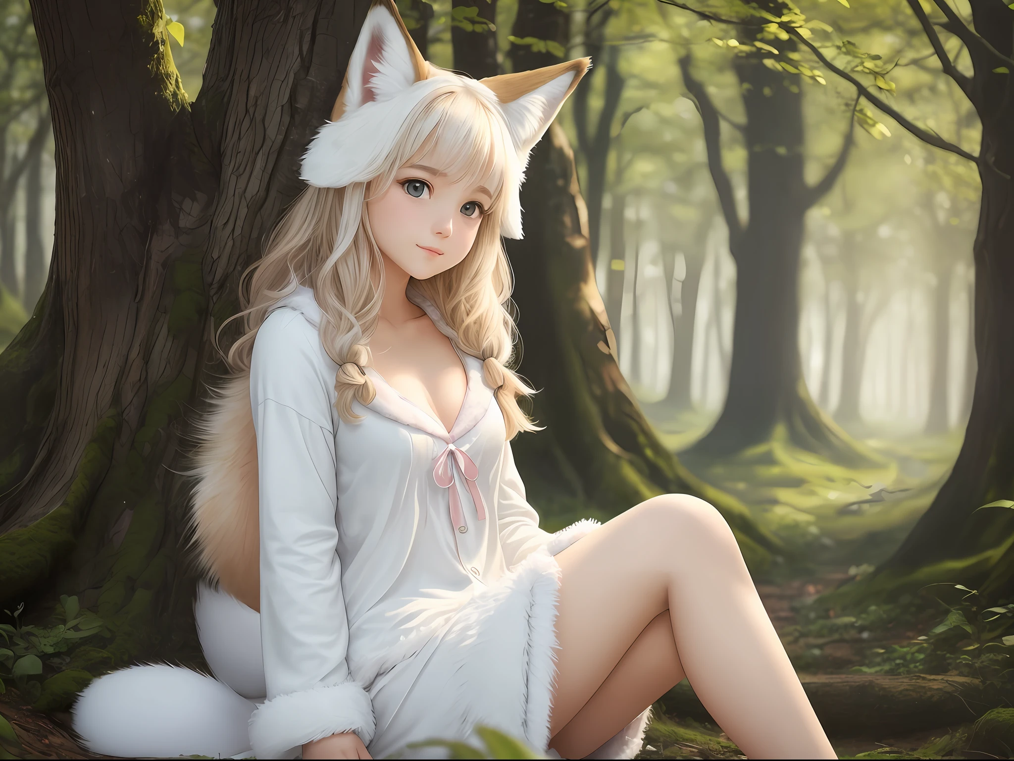 A professional high-quality photo, in 4K resolution, captures in realistic detail a charming girl in a fluffy white pajama with ears and foxtail. She is sitting in the middle of an enchanted forest, where every element is portrayed to perfection. The textures of the pajamas, ears and tail are sharp and palpable. Sunlight falls on the leaves and gently illuminates the girl's face, highlighting each delicate and charming expression --auto --s2