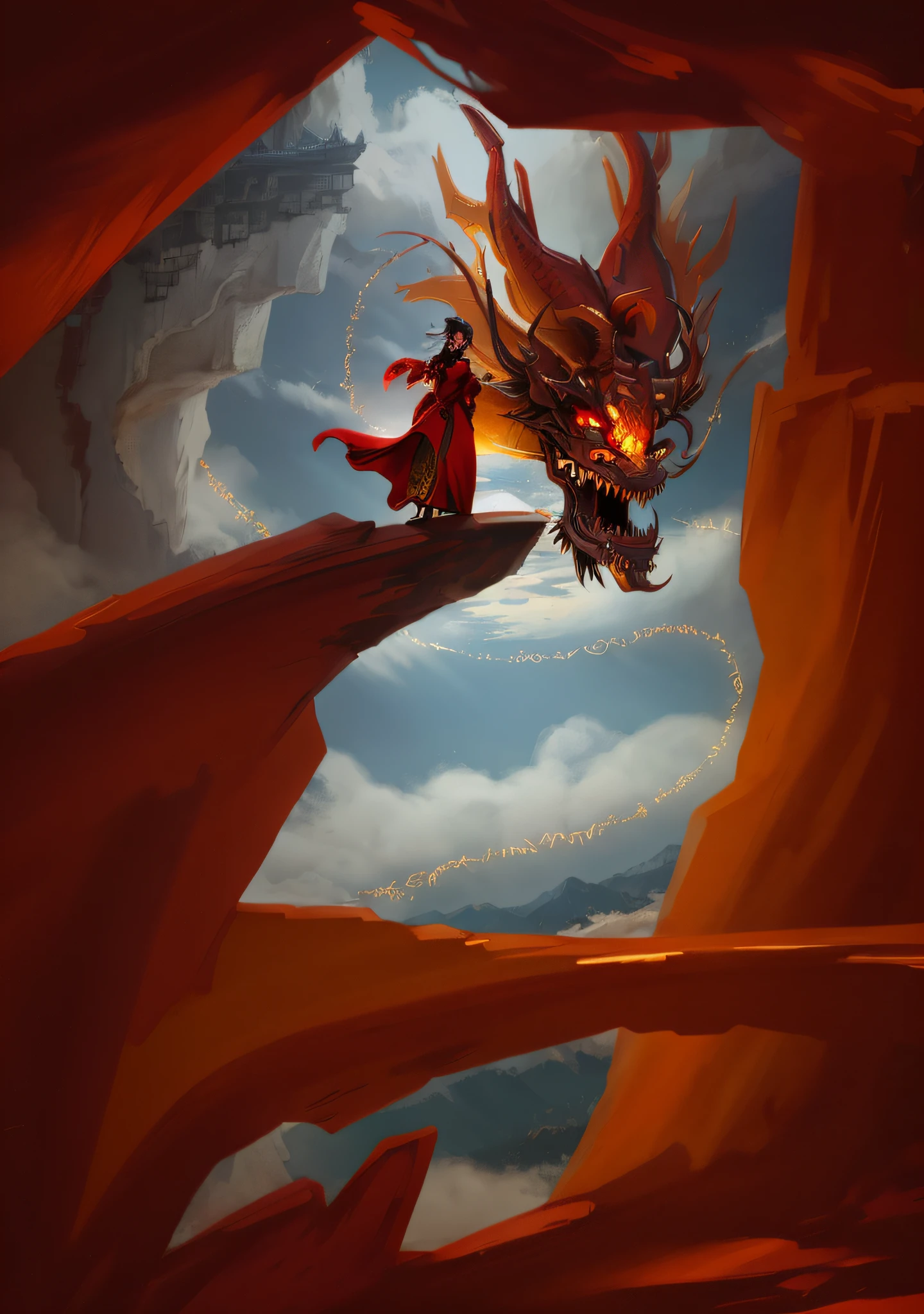 There is a woman in a red dress standing on a cliff with a Chinese dragon in the background, inspired by Chen Jiru, fan art, dragon flying in the background, detailed fan art, huge dragon in the background, high detail. Digital Painting, Concept Art Digital Illustration, Beautiful Artwork Illustration, Digital Fantasy Illustration, Inspired by Li Gonglin, Chinese Dragon in Chinese Mythology, Yellow Eyes, Clouds, Scales, Oriental Dragon, Open Mouth, Sharp Teeth, Flying, Horns, Teeth, Heaven, Claws, Fangs,